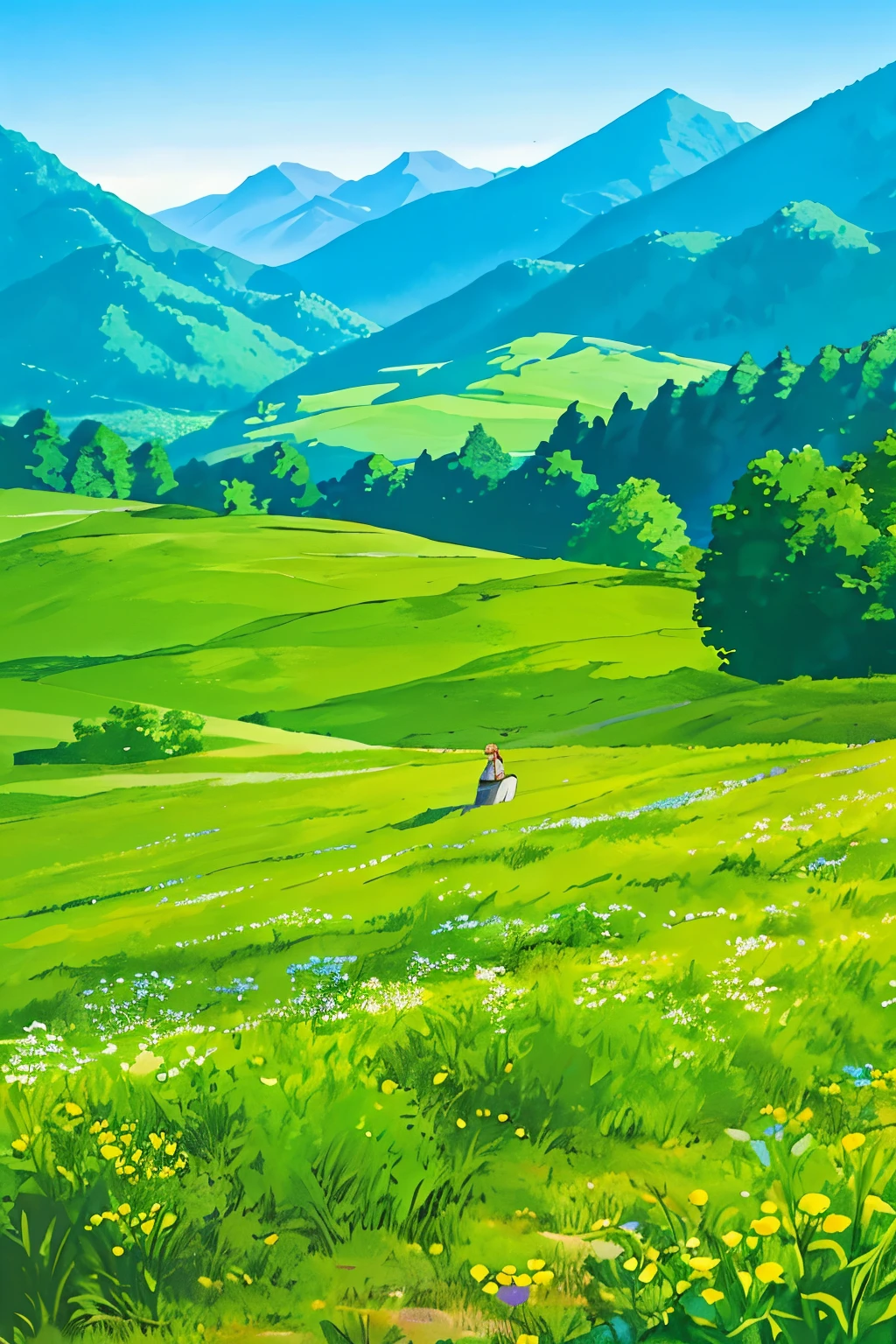 Amidst the breathtaking landscape of a beautiful meadow lies a tranquil scene. The emerald-green grass stretches out endlessly under the azure sky, dotted with wildflowers in vibrant hues of purple, yellow, and red. In the distance, majestic mountains rise up, their peaks touching the heavenly realm. Their grandeur is accentuated by the soft, ethereal blue tint that washes over them, creating an almost surreal effect. The sun casts long, golden shadows across the meadow, adding depth and texture to the tableau. The gentle breeze rustles the leaves of the trees that line the edge of the meadow, whispering secrets to the ser