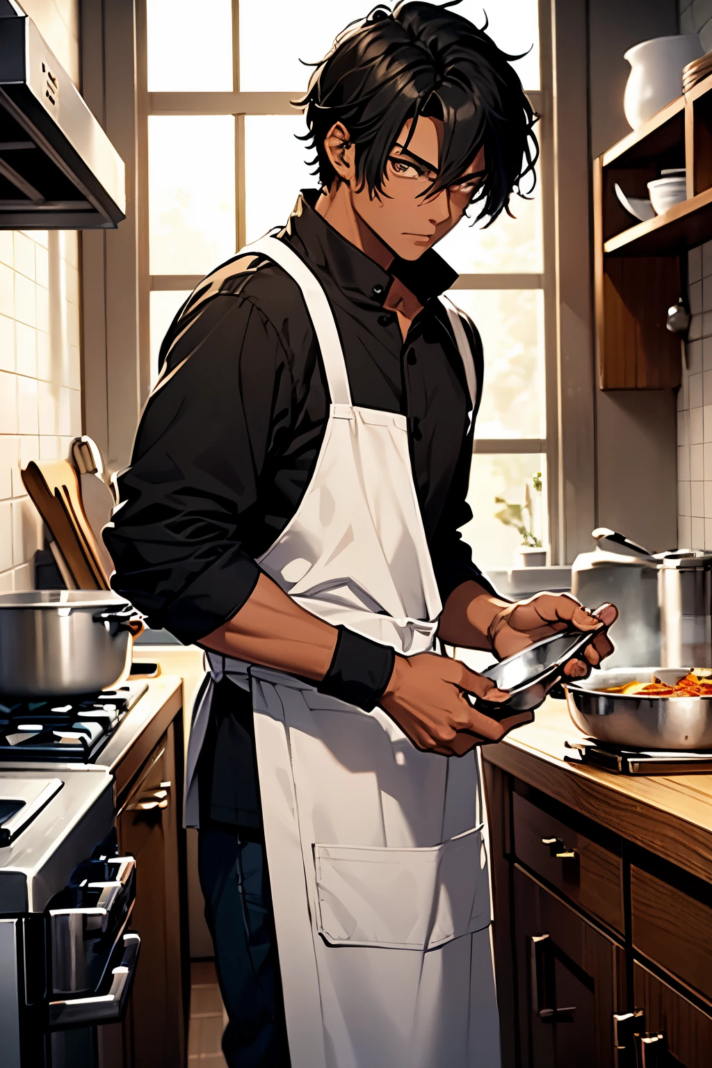 I create a dark-skinned boy with black hair, cooking with a lost gaze.
This image depicts a young boy with deep-toned skin and black hair, standing at a stove in a kitchen. His gaze is fixed on the cooking pot in front of him, a gentle yet thoughtful expression on his face as he concentrates on the task at hand. The scene is rendered with high resolution and intricate detail, the boy's features sculpted with the precision of a masterpiece. His attire consists of simple, practical clothing, perhaps a white apron, to protect his clothes from any spills.
As he cooks, the boy's intense focus is broken by a lost gaze, his