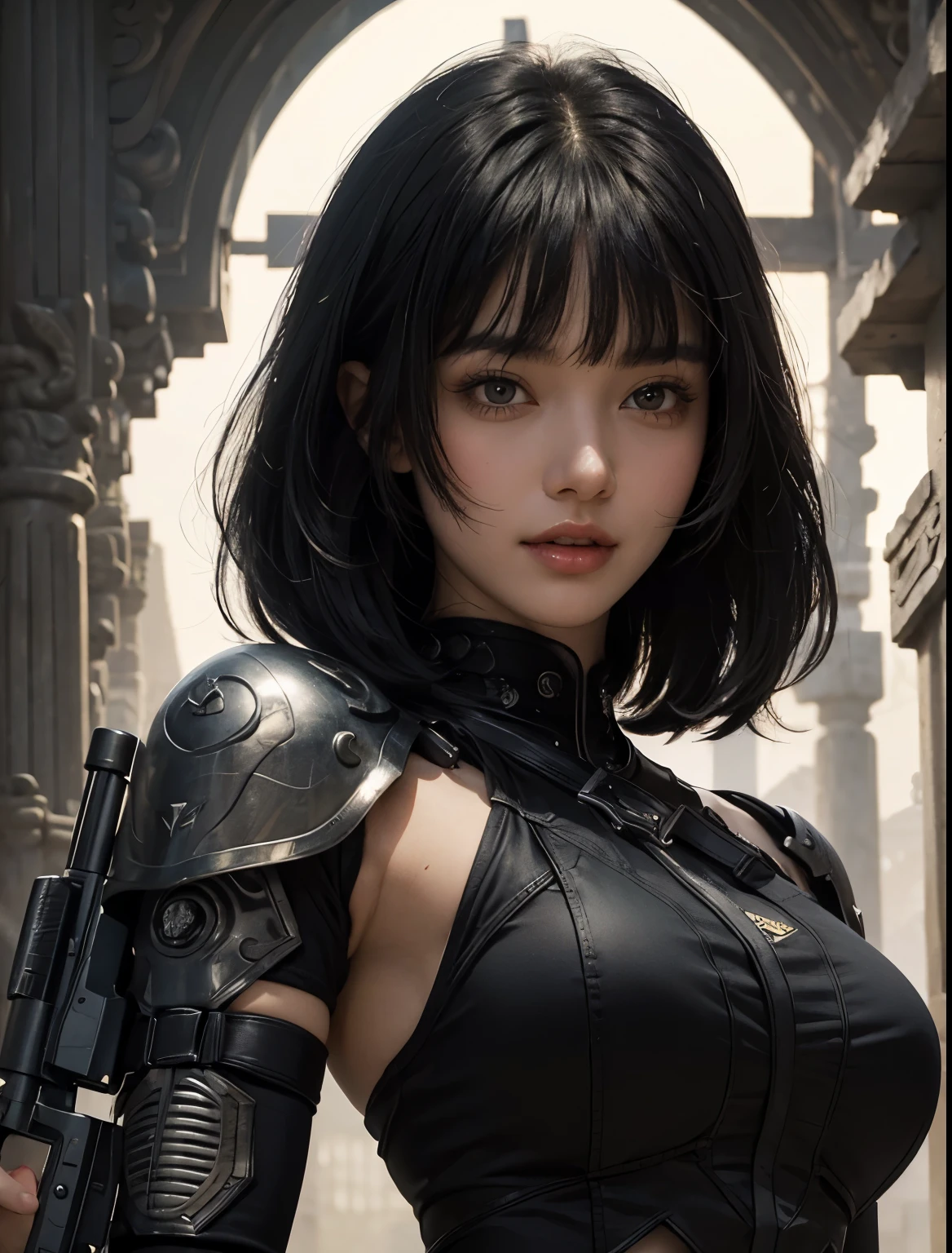 A beautiful woman. Black hair. Her bangs are down. Her bangs are cut in a straight line at her forehead. Late twenties. She wears a black metallic battle uniform. She holds a large futuristic gun and has a fearless smile on her face. The location is inside a dimly lit ancient temple.