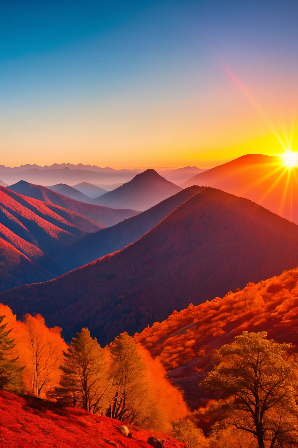 A breathtaking view of a mountain bathed in the warm, golden glow of a sunset, adorned with trees whose leaves scatter vibrant hues of orange and red. The tranquil scene exudes a sense of peace and serenity. 

A snowy hill comes alive at sunrise, the cold air contrasting beautifully with the warm sunlight that slowly reveals its pristine white expanse. The crisp air is filled with a magical silence, broken only by the occasional birdsong. 

Mountains awaken in a vivid vibrancy during sunrise, their peaks touched by the most epic red-orange sunlight, casting a breathtaking shadow against the clear blue sky. The landscape