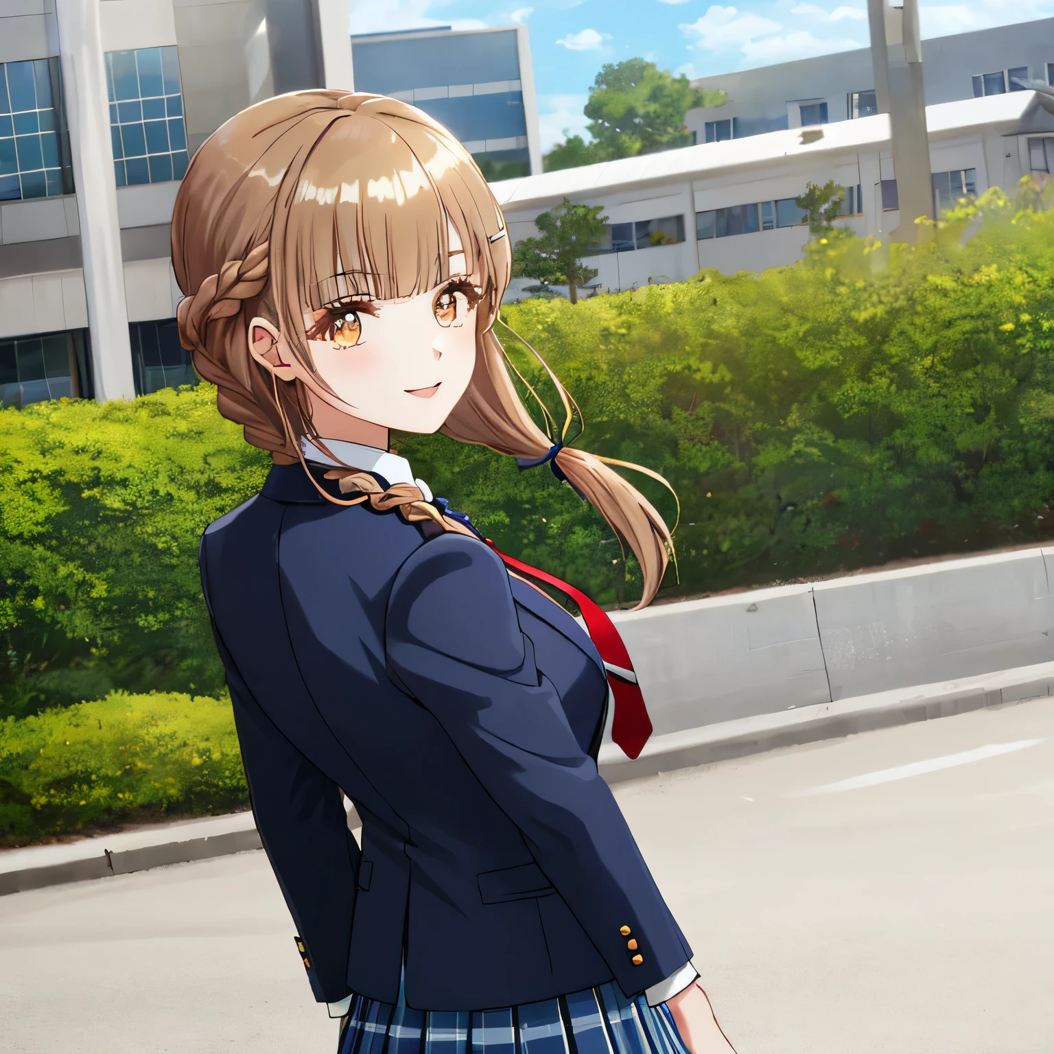 highest quality, (masterpiece:1.2), very detailed, girl looking back at viewer, Glossy lips that make you want to kiss, nice smile, brown eyes, dark brown symmetrical braids, , big shiny hair clip, school uniform, Dark blue and navy plaid skirt, middle long skirt, Luxurious navy blazer with a golden patch on the left chest, ((navy blue big shiny school ribbon tie.)), laughter、bright look、Both face and hair catch the light and shine, I'm very happy, The expression of a cute maiden in love, The long skirt fabric has a beautiful deep blue checkered pattern..., cute expression, double eyelid, ((Long eyelashes and long lower eyelashes)), pure white background, The wind is blowing, shot from the side