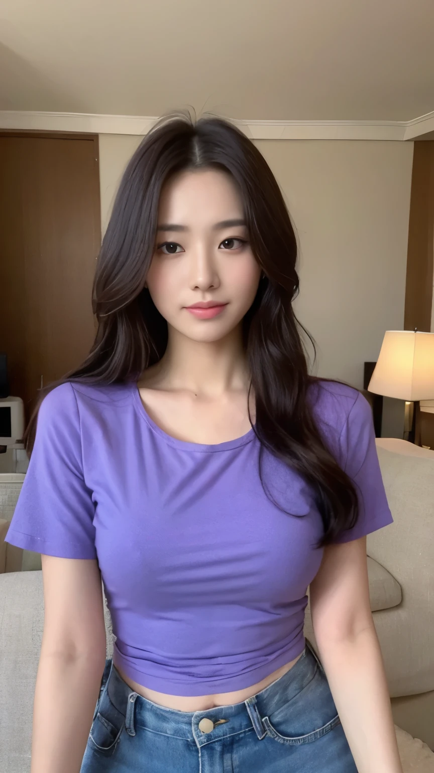 ((top-quality、8k、​masterpiece:1.3))、Beautiful woman with perfect body:1.4、slim abdomen:1.2、Longhair, normal breast, Highly detailed facial and skin texture, A detailed eye, delicate eyes, double eyelid, (smile), (full body shot), ((living room)), (sitting on sofa), ((wearing purple t-shirt with long pants)), looking in front