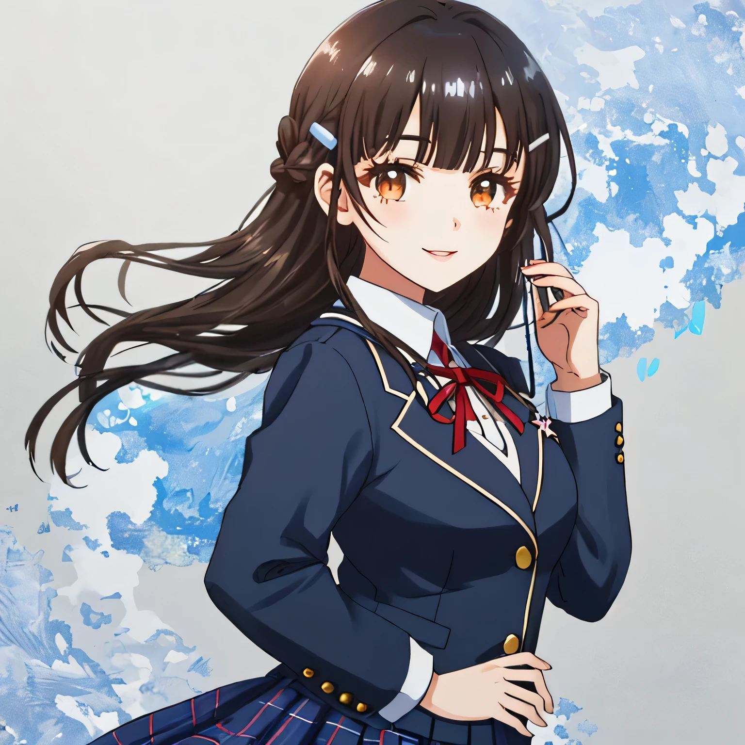 highest quality, (masterpiece:1.2), very detailed, girl looking back at viewer, Glossy lips that make you want to kiss, nice smile, brown eyes, dark brown symmetrical braids, 15 years old, big shiny hair clip, school uniform, Dark blue and navy plaid skirt, middle long skirt, Luxurious navy blazer with a golden patch on the left chest, ((navy blue big shiny school ribbon tie.)), laughter、bright look、Both face and hair catch the light and shine, I&#39;m very happy, The expression of a cute maiden in love, The long skirt fabric has a beautiful deep blue checkered pattern..., cute expression, double eyelid, ((Long eyelashes and long lower eyelashes)), pure white background, The wind is blowing, shot from the side