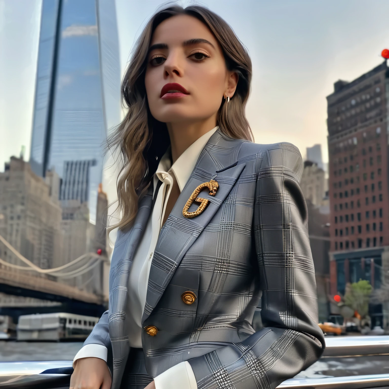 Eva Inguera, extremely realistic Spanish girl in New York dressed elegantly in a gray Gucci suit