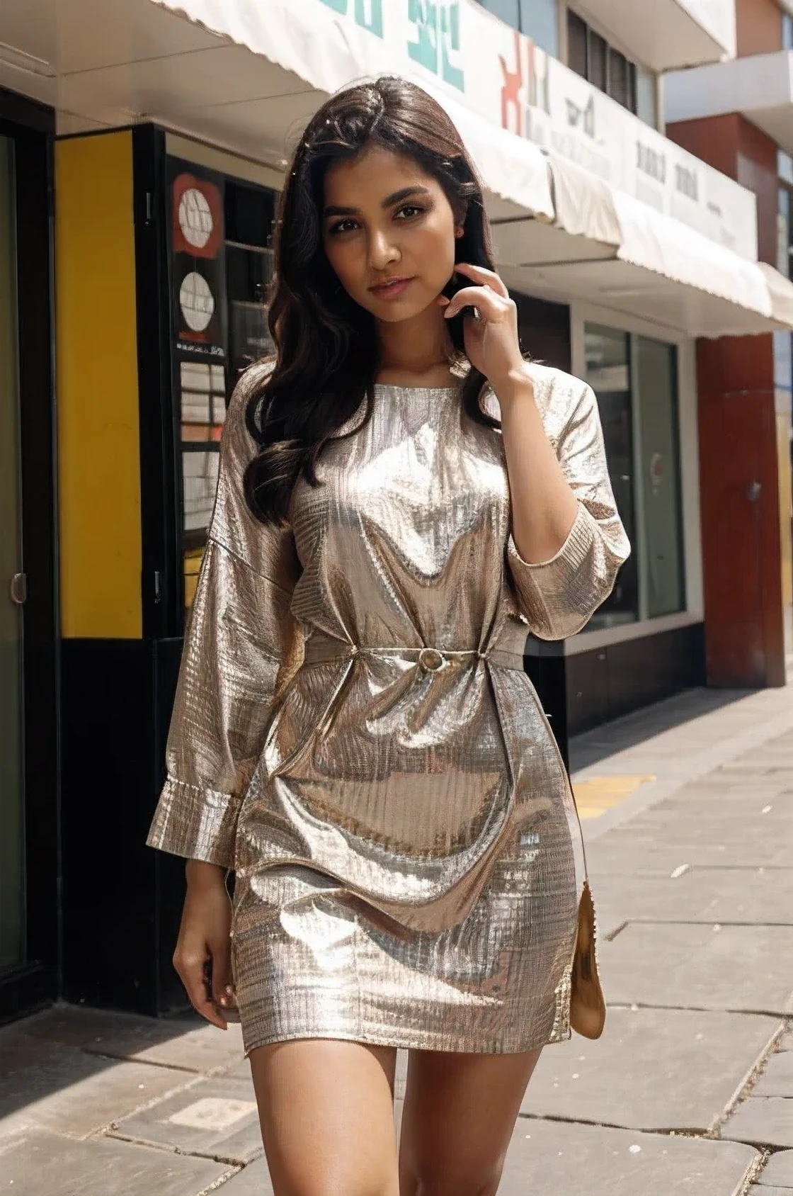 a indian fashion inflencer wearing modern indian dress, posing confidently