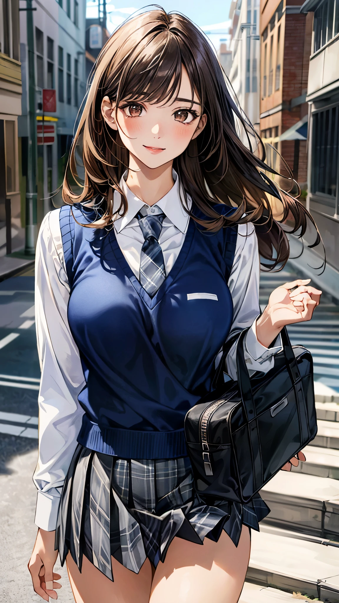 (masterpiece:1.3, top-quality), ultra high res, ultra detailed, (realistic, photorealistic:1.4), beautiful illustration, perfect lighting, colorful, depth of fields,
looking at viewer, (face focus, upper body), 1 girl, solo, hight school girl, gravure model, (large breasts:0.8, large ass, seductive thighs, skindentation),
(long hair:1.2, straight hair:1.2, (saddle-brown colored) hair), asymmetrical bangs, (brown) eyes, drooping eyes, big eyes, shiny skin,
beautiful hair, beautiful face, extremely detailed face, beautiful detailed eyes, beautiful clavicle, beautiful body, beautiful chest, beautiful thigh, beautiful legs, beautiful fingers,
(detailed cloth texture, grey plaid tie, navy knit vest, collared long sleeve white shirt, grey plaid pleated skirt), black socks, white panties, black school bag,
(beautiful scenery), evening, (downtown, staircase), walking, (lovely-smile),