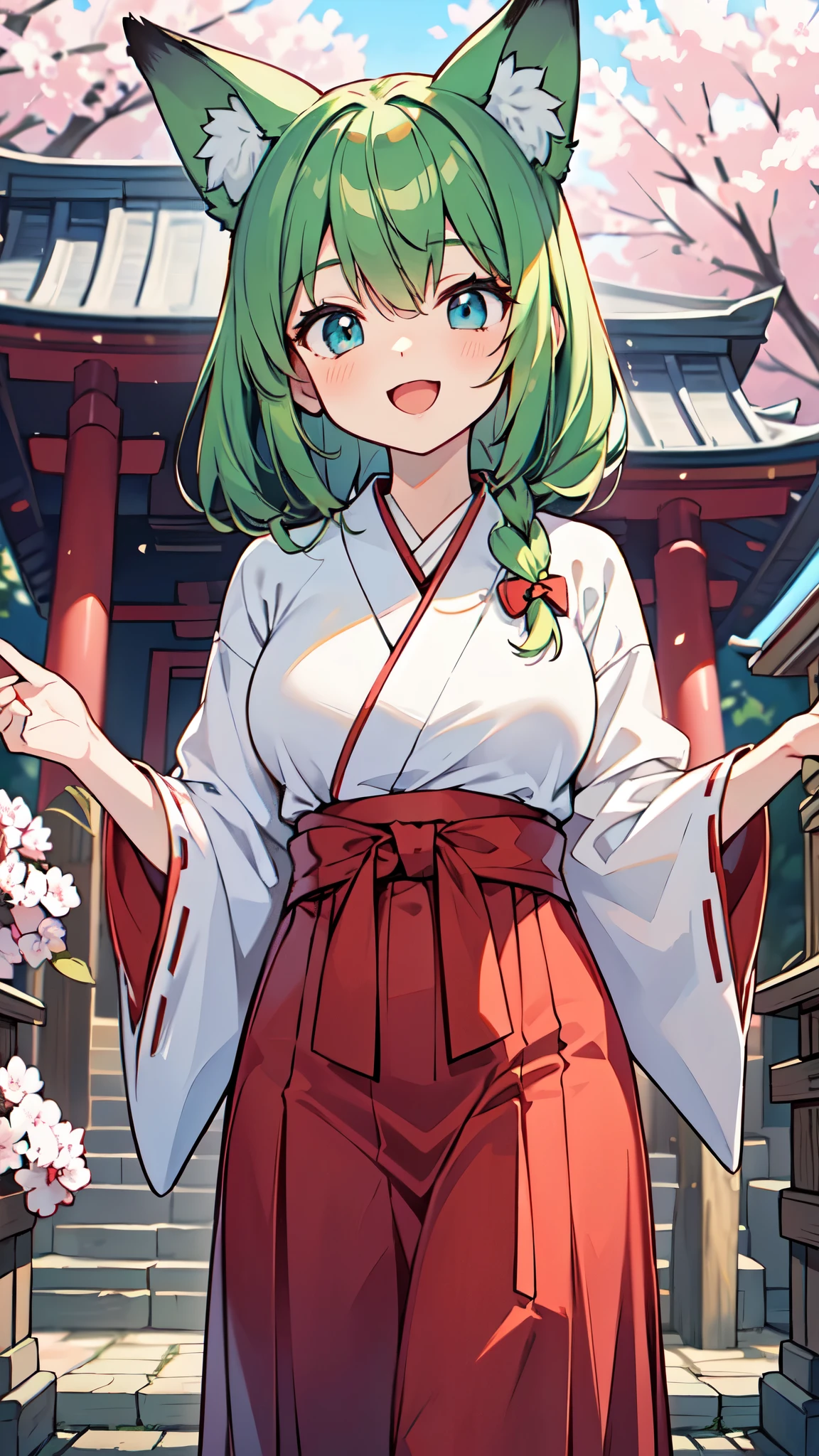 ((A Pretty shrine maiden with green hair and blue eyes)), ((wearing white traditional kimono and red hakama)), ((fox ears)), Baby face, ((master piece, top-quality, ultra-definition, high resolution)), anime girl, ((ultra-detailed illust:1.2)), only one person, bangs, hair between eye, beautiful hair, Shiny eyes, Medium breasts, Big smile, opened mouth, at the Japanese shrine, cherry trees