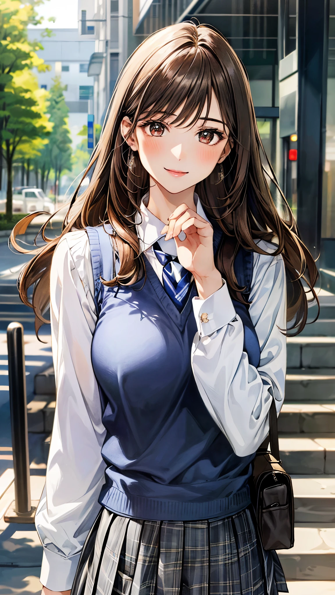 (masterpiece:1.3, top-quality), ultra high res, ultra detailed, (realistic, photorealistic:1.4), beautiful illustration, perfect lighting, colorful, depth of fields,
looking at viewer, (face focus, upper body), 1 girl, solo, hight school girl, gravure model, (large breasts:0.8, large ass, seductive thighs, skindentation),
(long hair:1.2, straight hair:1.2, (saddle-brown colored) hair), asymmetrical bangs, (brown) eyes, drooping eyes, big eyes, shiny skin,
beautiful hair, beautiful face, extremely detailed face, beautiful detailed eyes, beautiful clavicle, beautiful body, beautiful chest, beautiful thigh, beautiful legs, beautiful fingers,
(detailed cloth texture, grey plaid tie, navy knit vest, collared long sleeve white shirt, grey plaid pleated skirt), black socks, white panties, black school bag,
(beautiful scenery), evening, (downtown, staircase), walking, (lovely-smile),
