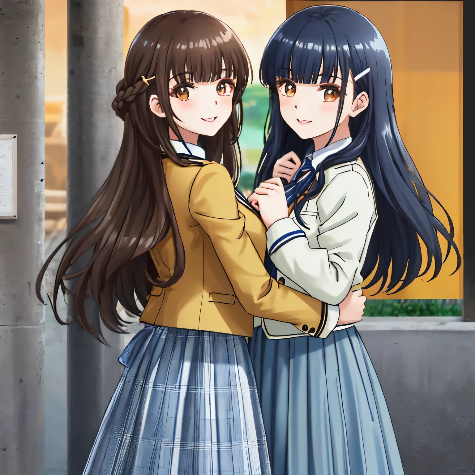 highest quality, (masterpiece:1.2), very detailed, girl looking back at viewer, Glossy lips that make you want to kiss, nice smile, brown eyes, dark brown symmetrical braids, 15 years old, big shiny hair clip, school uniform, Dark blue and navy plaid skirt, middle long skirt, Luxurious navy blazer with a golden patch on the left chest, ((navy blue big shiny school ribbon tie.)), laughter、bright look、Both face and hair catch the light and shine, I'm very happy, The expression of a cute maiden in love, The long skirt fabric has a beautiful deep blue checkered pattern..., cute expression, double eyelid, ((Long eyelashes and long lower eyelashes)), pure white background, The wind is blowing, Photographed from behind diagonally