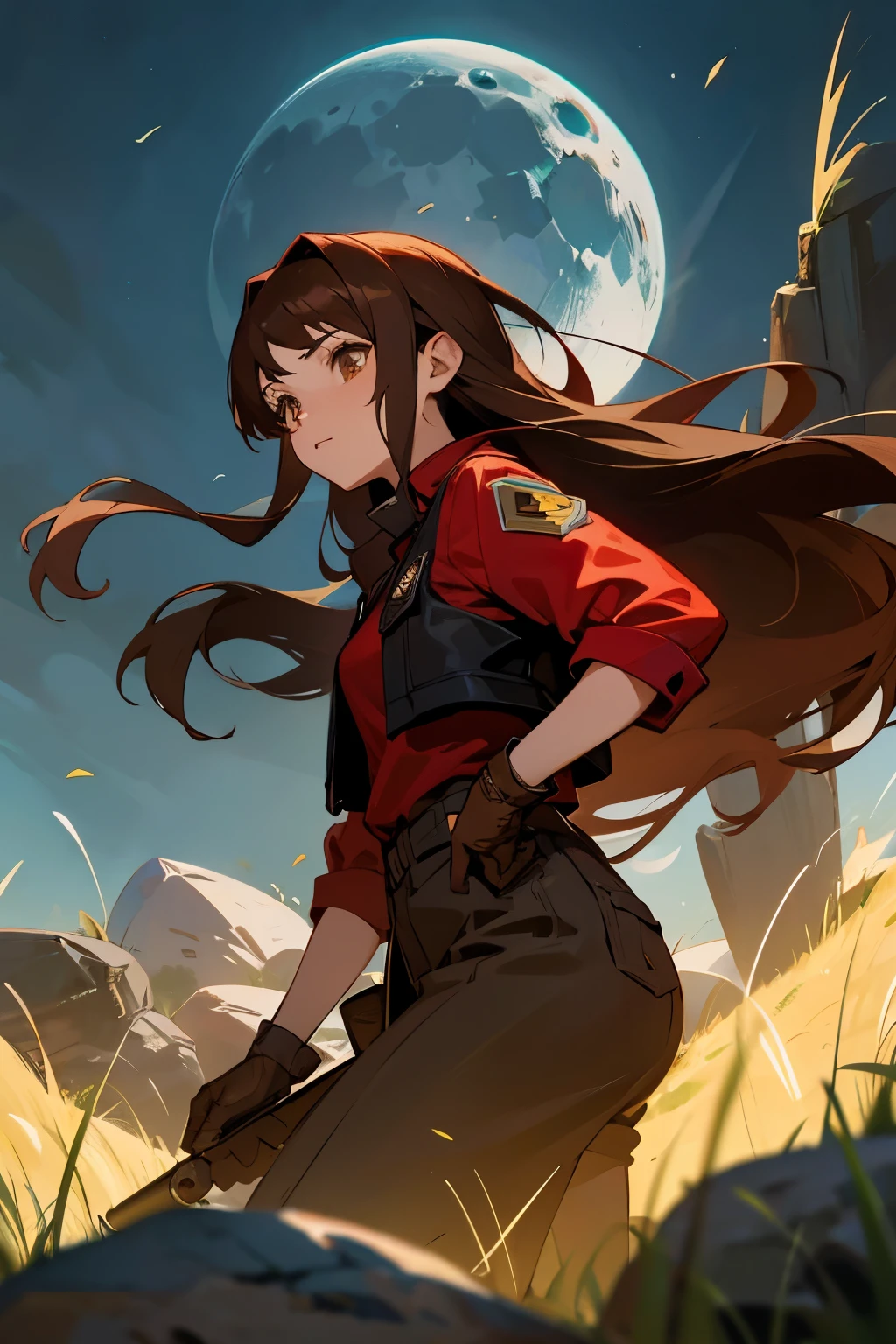 avatar,long hair, red shirt, black jacket, young female, hazel eyes, moon, brown hair, rock terrain, grass background, gloves