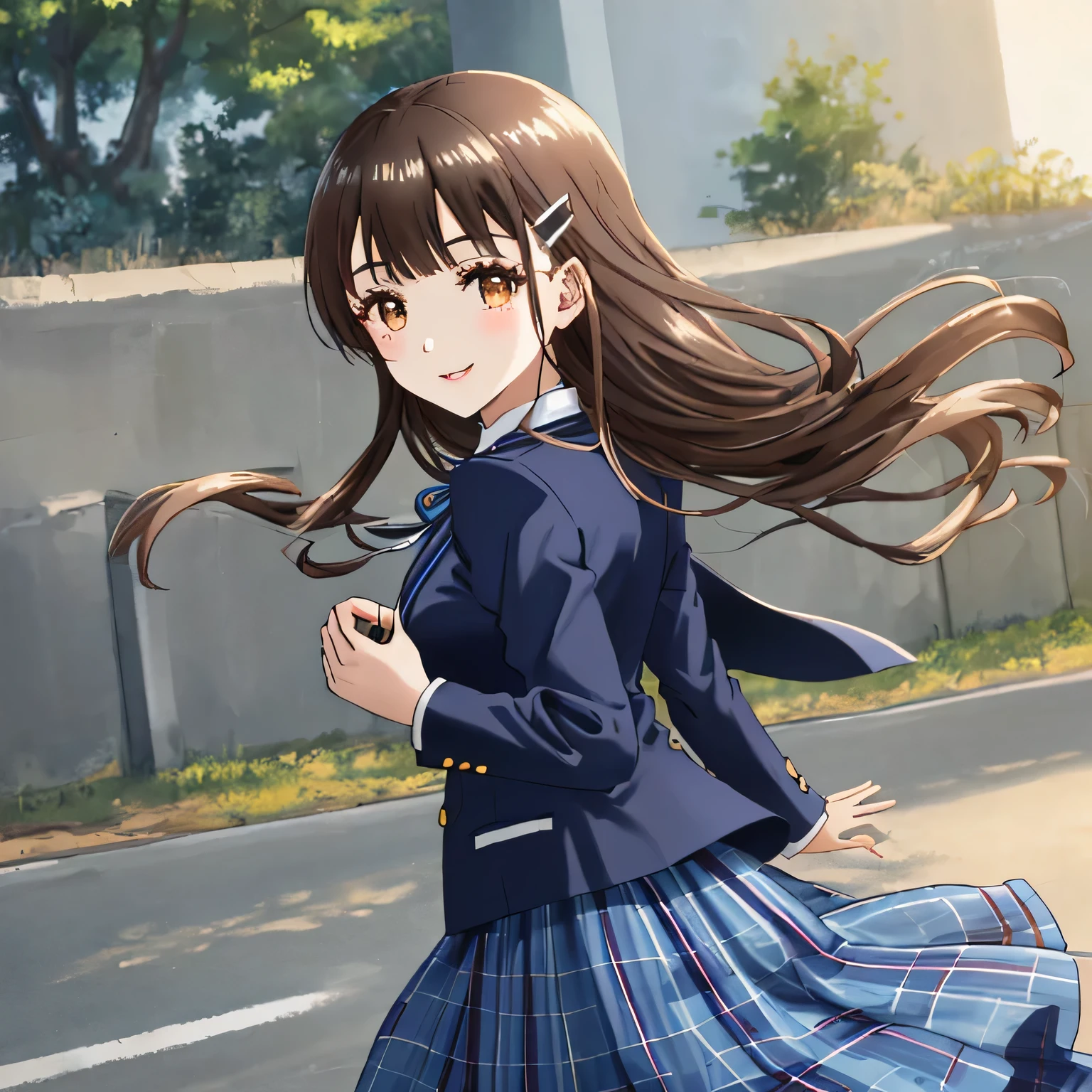 highest quality, (masterpiece:1.2), very detailed, girl looking back at viewer, Glossy lips that make you want to kiss, nice smile, brown eyes, dark brown symmetrical braids, , big shiny hair clip, school uniform, Dark blue and navy plaid skirt, middle long skirt, Luxurious navy blazer with a golden patch on the left chest, ((navy blue big shiny school ribbon tie.)), laughter、bright look、Both face and hair catch the light and shine, I'm very happy, The expression of a cute maiden in love, The long skirt fabric has a beautiful deep blue checkered pattern..., cute expression, double eyelid, ((Long eyelashes and long lower eyelashes)), pure white background, The wind is blowing, Photographed from behind diagonally