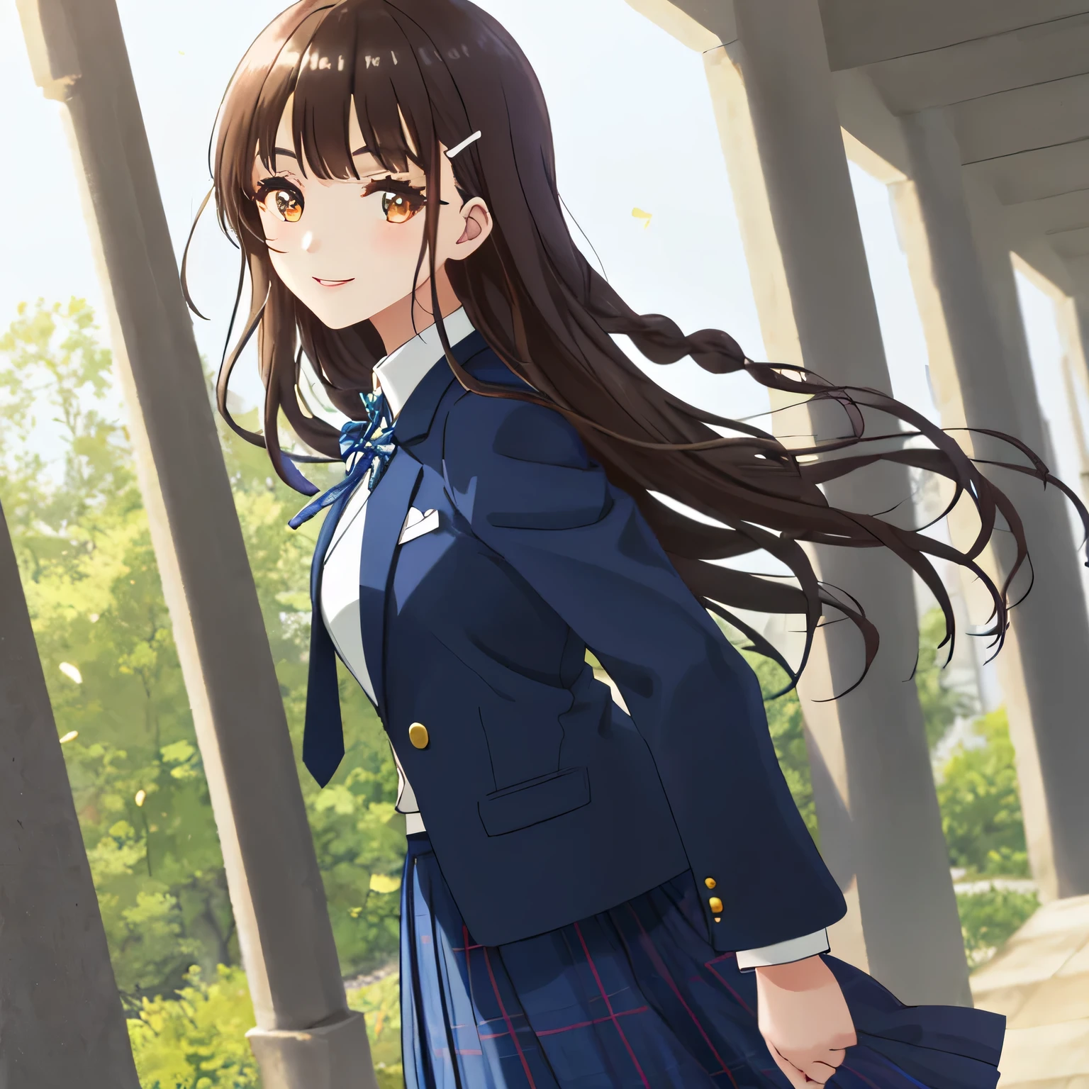 highest quality, (masterpiece:1.2), very detailed, girl looking back at viewer, Glossy lips that make you want to kiss, nice smile, brown eyes, dark brown symmetrical braids, 15 years old, big shiny hair clip, school uniform, Dark blue and navy plaid skirt, middle long skirt, Luxurious navy blazer with a golden patch on the left chest, ((navy blue big shiny school ribbon tie.)), laughter、bright look、Both face and hair catch the light and shine, I'm very happy, The expression of a cute maiden in love, The long skirt fabric has a beautiful deep blue checkered pattern..., cute expression, double eyelid, ((Long eyelashes and long lower eyelashes)), pure white background, The wind is blowing, Photographed from behind diagonally