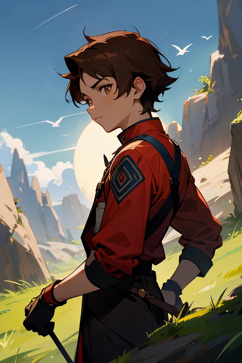 avatar, red shirt, black jacket, young male, hazel eyes, moon, brown hair, rock terrain, grass background, gloves, brown skin
