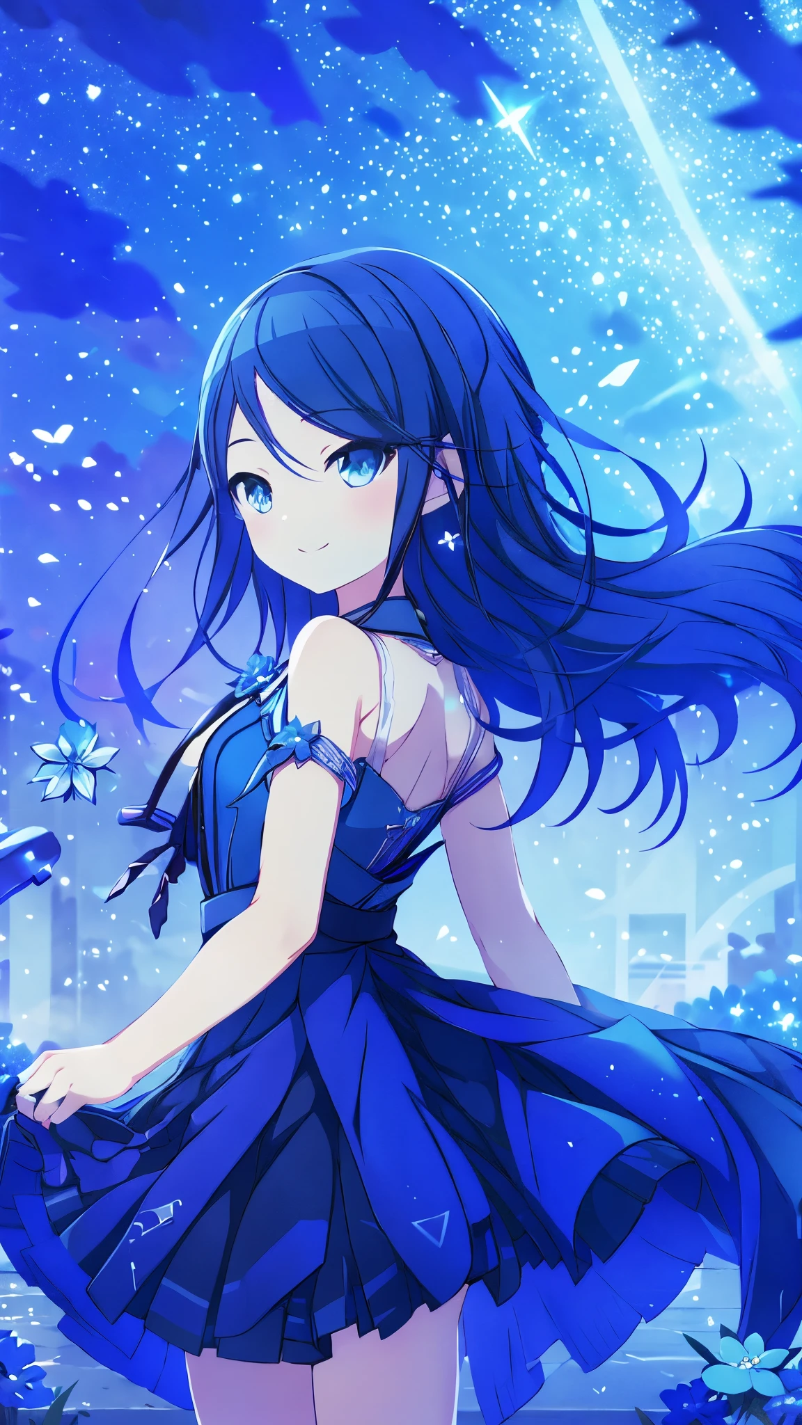 Beautiful blue dress、blue flower、smile、Skirt fluttering in the wind、night sky、Meteors、beautiful eyes、lean body shape、Are thin