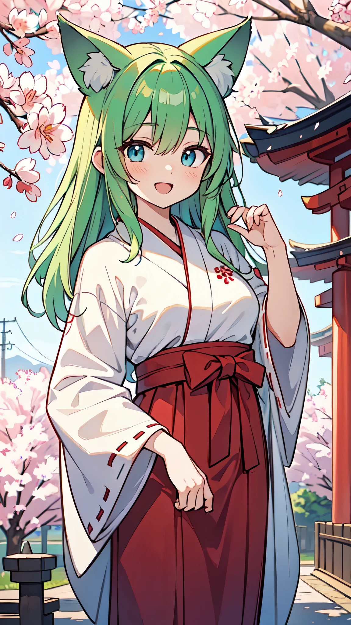 ((A Pretty shrine maiden with green hair and blue eyes)), ((wearing white traditional kimono and red hakama)), ((fox ears)), Baby face, ((master piece, top-quality, ultra-definition, high resolution)), anime girl, ((ultra-detailed illust:1.2)), only one person, bangs, hair between eye, beautiful hair, Shiny eyes, Medium breasts, Big smile, opened mouth, at the Japanese shrine, cherry trees