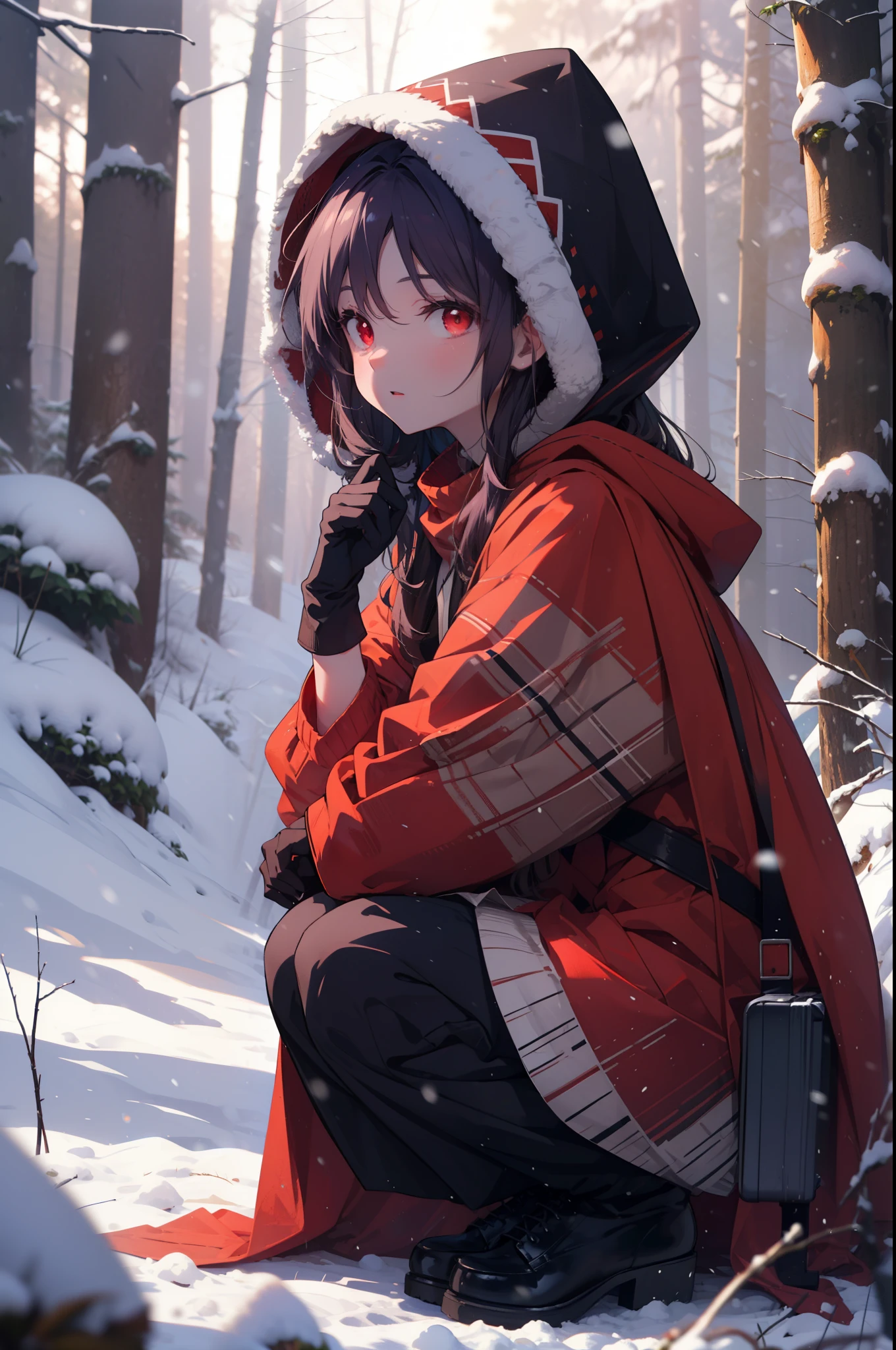 yuukikonno, Yuki Konno, hair band, long hair, pointed ears, purple hair, (red eyes:1.5), (small breasts:1.2), open your mouth,snow, hood, fire, outdoors, boots, snowing, From the side, wood, suitcase, cloak, blurry, hood up, forest, gloves, nature, brown eyes, red gloves, squat, closed mouth, hooded cloak, winter, Depth of the bounds written, black shoes, red cloak
break looking at viewer, Upper body, whole body,
break outdoors, forest, nature,
break (masterpiece:1.2), highest quality, High resolution, unity 8k wallpaper, (figure:0.8), (detailed and beautiful eyes:1.6), highly detailed face, perfect lighting, Very detailed CG, (perfect hands, perfect anatomy),