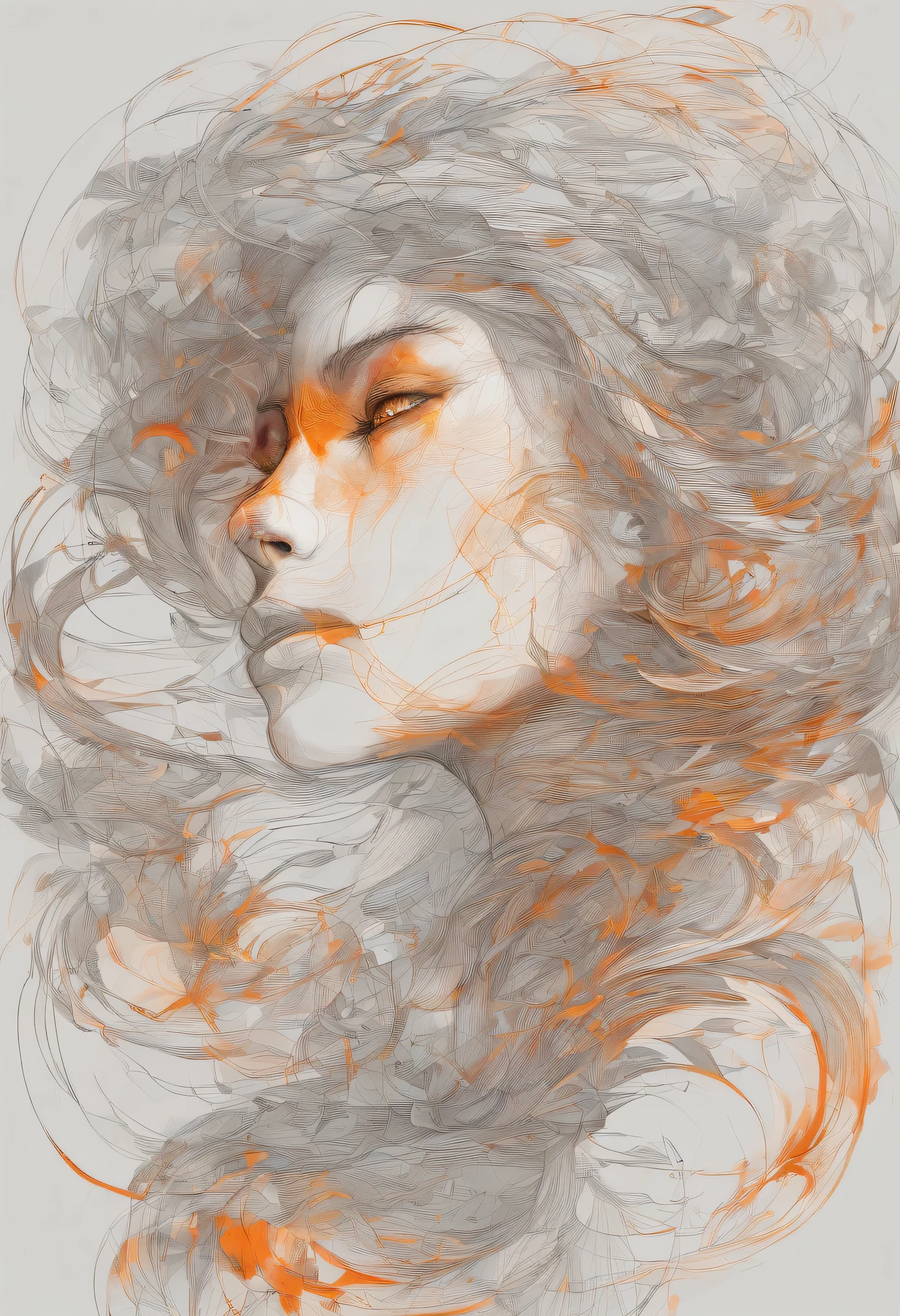 The image is a striking artistic combination of pencil drawing and digital manipulation. The face of a woman emerges, with delicate pencil lines sketching out her facial features - eyes closed, full lips, and tousled hair blowing across her face.

However, the most captivating aspect is the warm, fiery lighting that bathes one side of her face and form in shades of yellow, orange and red, as if illuminated by flickering flames. This luminous glow contrasts with the sketched lines, creating a visually compelling interplay of light and shadow, solidity and ethereality.

The lighting casts dramatic shadows that accentuate the contours of her face and suggest the form of her figure beneath layers of wispy, wind-blown strands of hair. While clearly stylized, the image has a sense of energy, movement and an almost ethereal, atmospheric quality imparted by the mix of mediums and clever use of warm, radiant tones against the soft grayscale rendering. Overall, it's a evocative and imaginative portrait that channels both traditional drawing skills and contemporary digital artistry.
