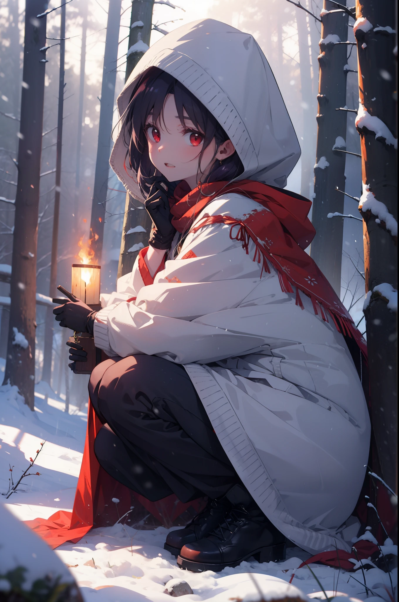 yuukikonno, Yuki Konno, hair band, long hair, pointed ears, purple hair, (red eyes:1.5), (small breasts:1.2), open your mouth,snow, hood, fire, outdoors, boots, snowing, From the side, wood, suitcase, cloak, blurry, hood up, forest, gloves, nature, brown eyes, red gloves, squat, closed mouth, hooded cloak, winter, Depth of the bounds written, black shoes, red cloak
break looking at viewer, Upper body, whole body,
break outdoors, forest, nature,
break (masterpiece:1.2), highest quality, High resolution, unity 8k wallpaper, (figure:0.8), (detailed and beautiful eyes:1.6), highly detailed face, perfect lighting, Very detailed CG, (perfect hands, perfect ???????),