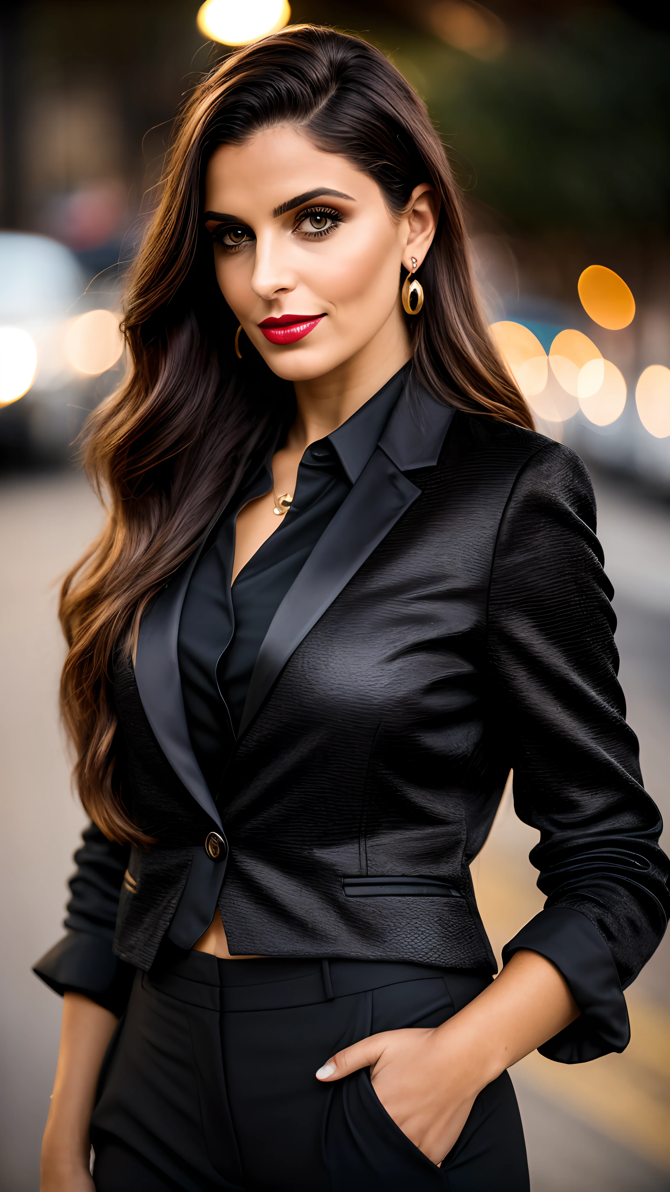 escuro e sombrio, 8K, close-up photo of a 30-year-old brunette Brazilian businesswoman with a dark background at night, (cabelo realista castanho escuro liso e com leves ondaaquiagem, Red lips, olhos azuis, (vestindo blazer de alfaiataria preto da chanel, black silk blouse and straight black tailored pants), Looking with confidence, Hiper realista, {uma garota com pele oliva extremamente bonita}, (pele altamente detalhada: 1.2) {{{obra-prima}}}, textura realista, Dynamic Composition, Fujifilm XT2, 85 mm F1.2, velocidade do obturador 1/80, (bokeh), alto contraste