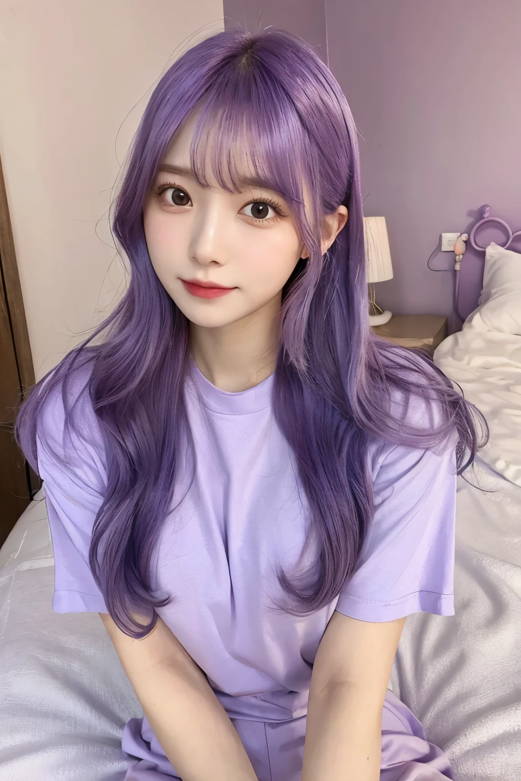 pastel purple hair、long hair、big breasts、cute、natural makeup、4K、selfie、valley、on the bed、Are sleeping、Erotic、pastel purple tight t-shirt、random pose