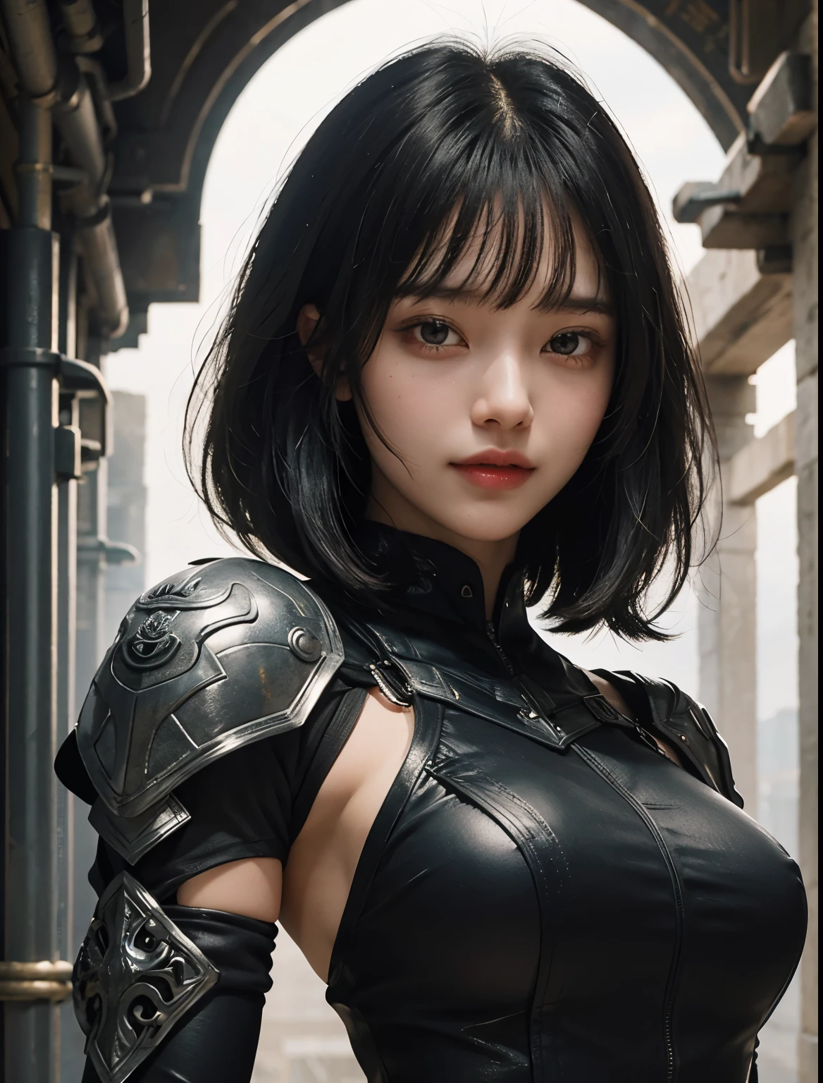 A beautiful woman. Black hair. Her bangs are down. Her bangs are cut in a straight line at her forehead. Late twenties. She wears a black metallic battle uniform. She holds a large futuristic gun and has a fearless smile on her face. The location is inside a dimly lit ancient temple.