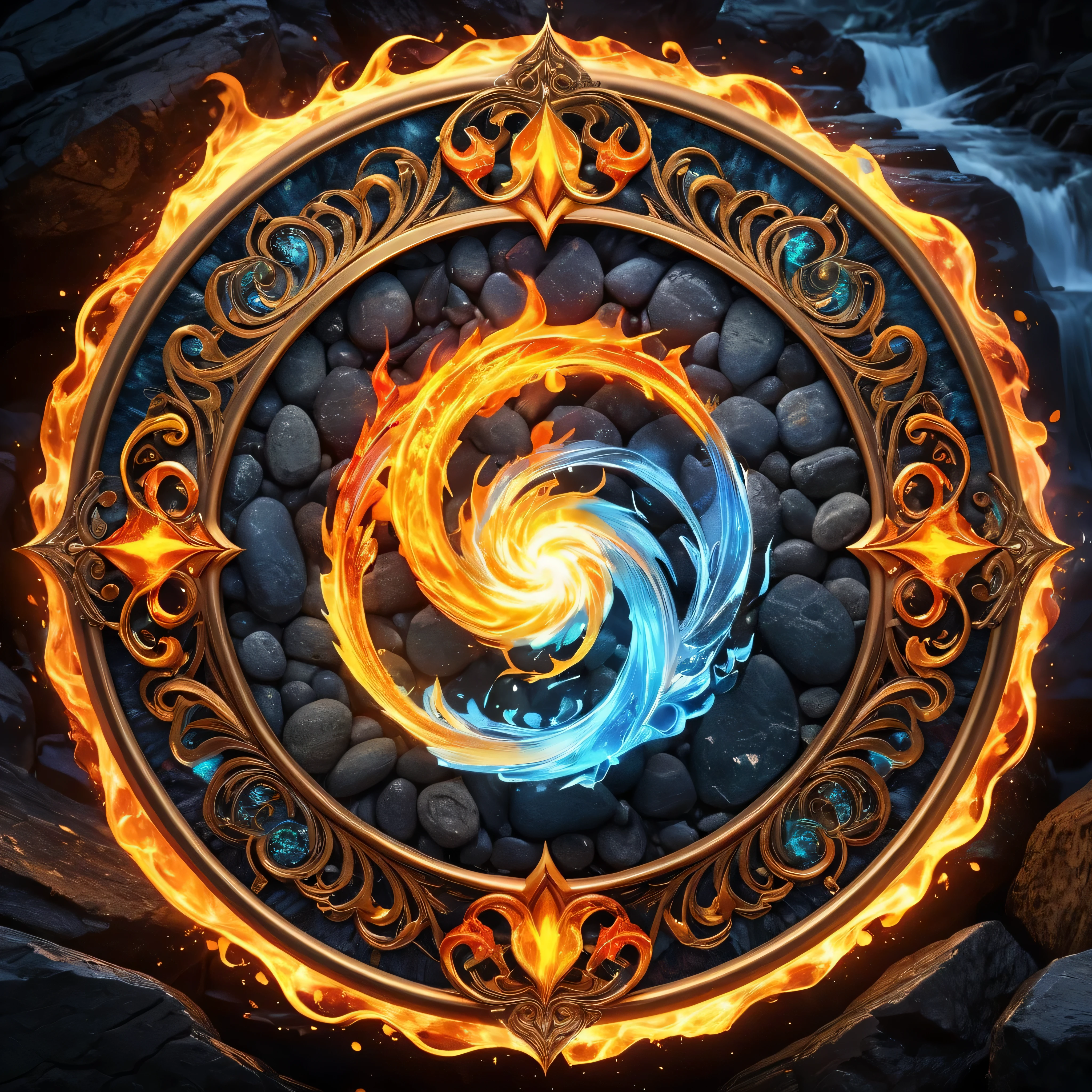 Masterpiece in maximum 16K resolution, superb quality, a magic circle intertwined with four powerful elemental powers, fiery flames, flowing water, earthy stones, and swirling winds, intricate details and harmonious interaction between the elements within the circle, vibrant colors, dynamic textures, captivating lighting effects, simple gothic background. | ((More_Detail))