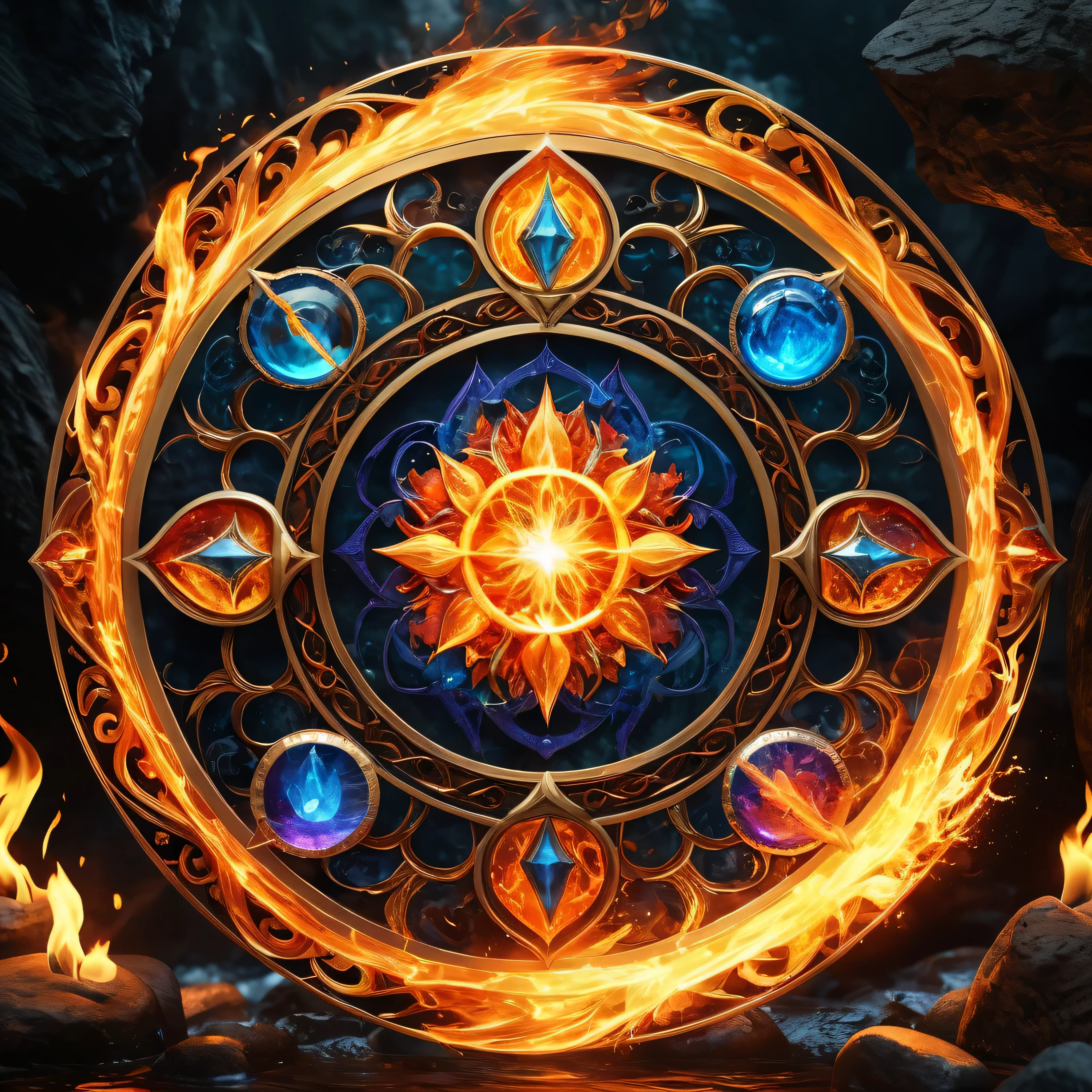 Masterpiece in maximum 16K resolution, superb quality, a stunning image featuring a fire magic circle, intricate details of raging flames in vibrant shades of red, orange, yellow, swirling dynamically in a mesmerizing dance with intense heat radiating from them, (magical runic symbols), serene forest waterfall in the background. | ((More_Detail))