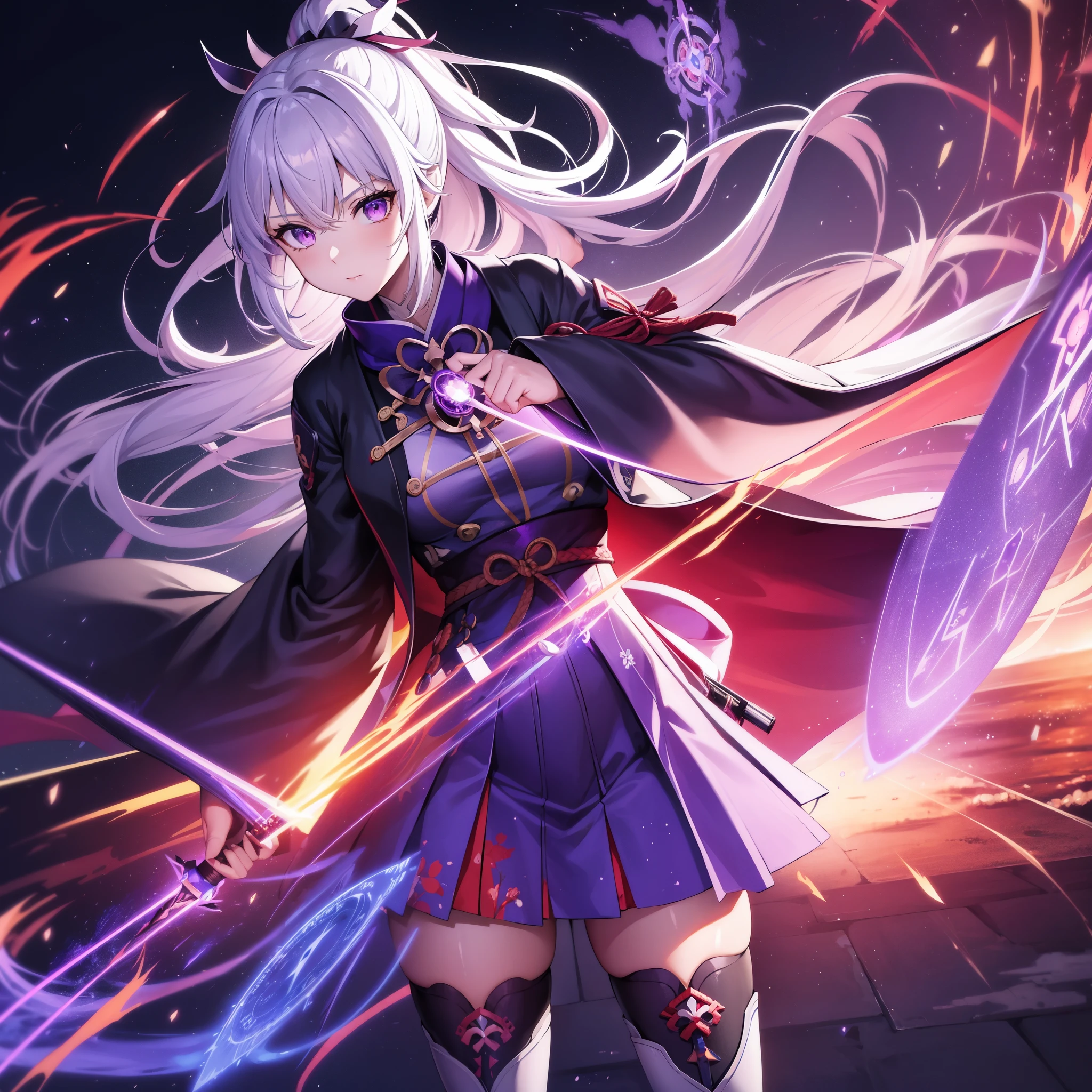 1girl, japanese clothes, ponytail ,white hair, purple eyes, magic circle, blue fire, blue flames, wallpaper, landscape, blood, blood splatter, depth of field, night, light particles, light rays, sidelighting, thighs, fate \(series\), genshin impact, ****, open jacket, skirt, thighhighs, cloud