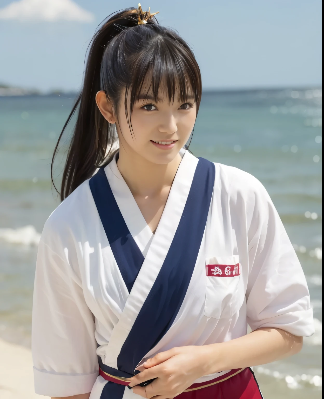 (highest quality:1.2),(perfect beautiful face:1.2),(perfect and beautiful posture:1.2),(japanese woman:1.1), ponytail hair,On the beach of a deserted island, smile, (Chunky muscular body:1.2),Ultra-high precision photos,clear eyes, (blue japanese clothes:1.2)