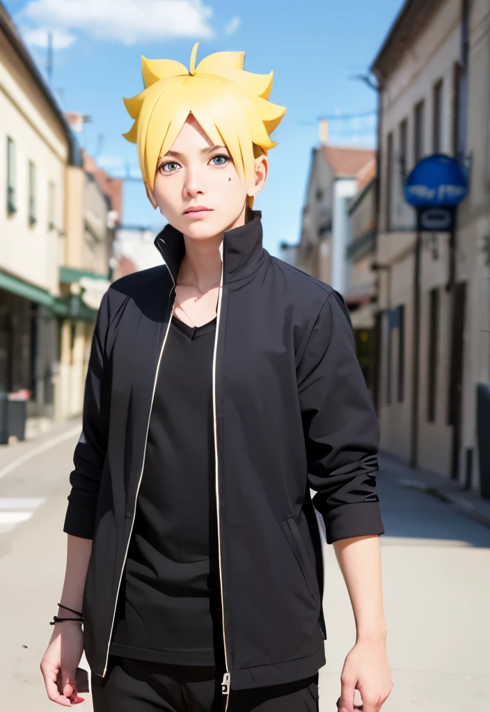 1 male, uzumaki boruto in anime boruto, short hair , yellow hair, blue eyes, good looking, looking at the viewer、black clothes, realistic clothes, details clothing, urban background, Super detailed, realistic