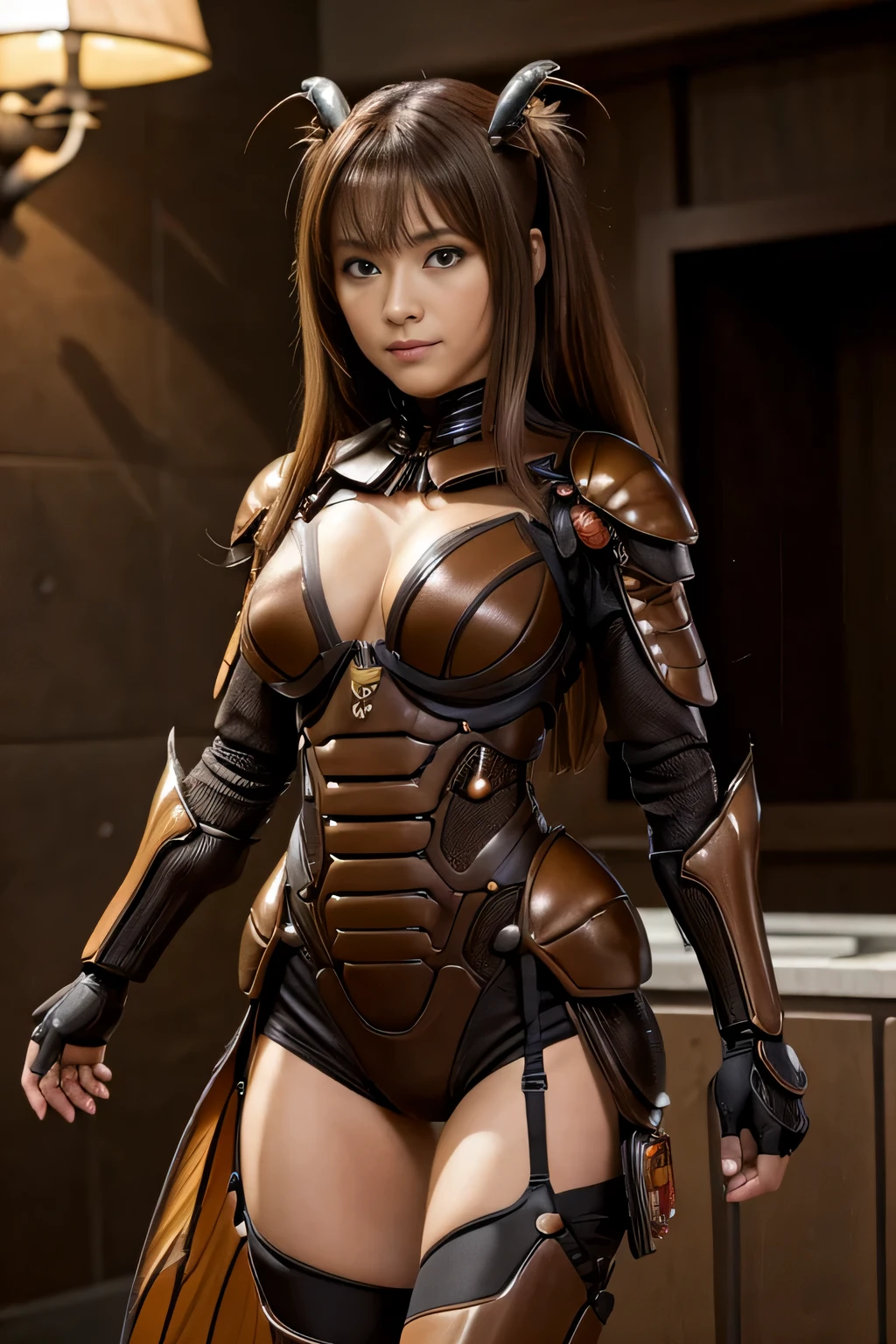 (High resolution,masterpiece,highest quality,Very detailed CG, anime, official art:1.4), realistic, photograph, amazing detail, everything is complicated, shiny and glossy,Amazing number of layers, 8K wallpaper, 3D, sketch, cute, figure,( alone:1.4), perfect female proportions,villain's daughter, (Fusion of dark brown cockroach and lady:1.4), (brown cockroach woman:1.2), (brown cockroach woman:1.2), (Fusion:1.2), (alone:1.4), (evil smile:1.2), muscular, abs, (Cockroach brown exoskeleton bio insect suit:1.4), (Cockroach brown exoskeleton bio insect armor:1.2), (brown transparent cockroach feathers:1.4), (Antennae of brown cockroaches:1.3),