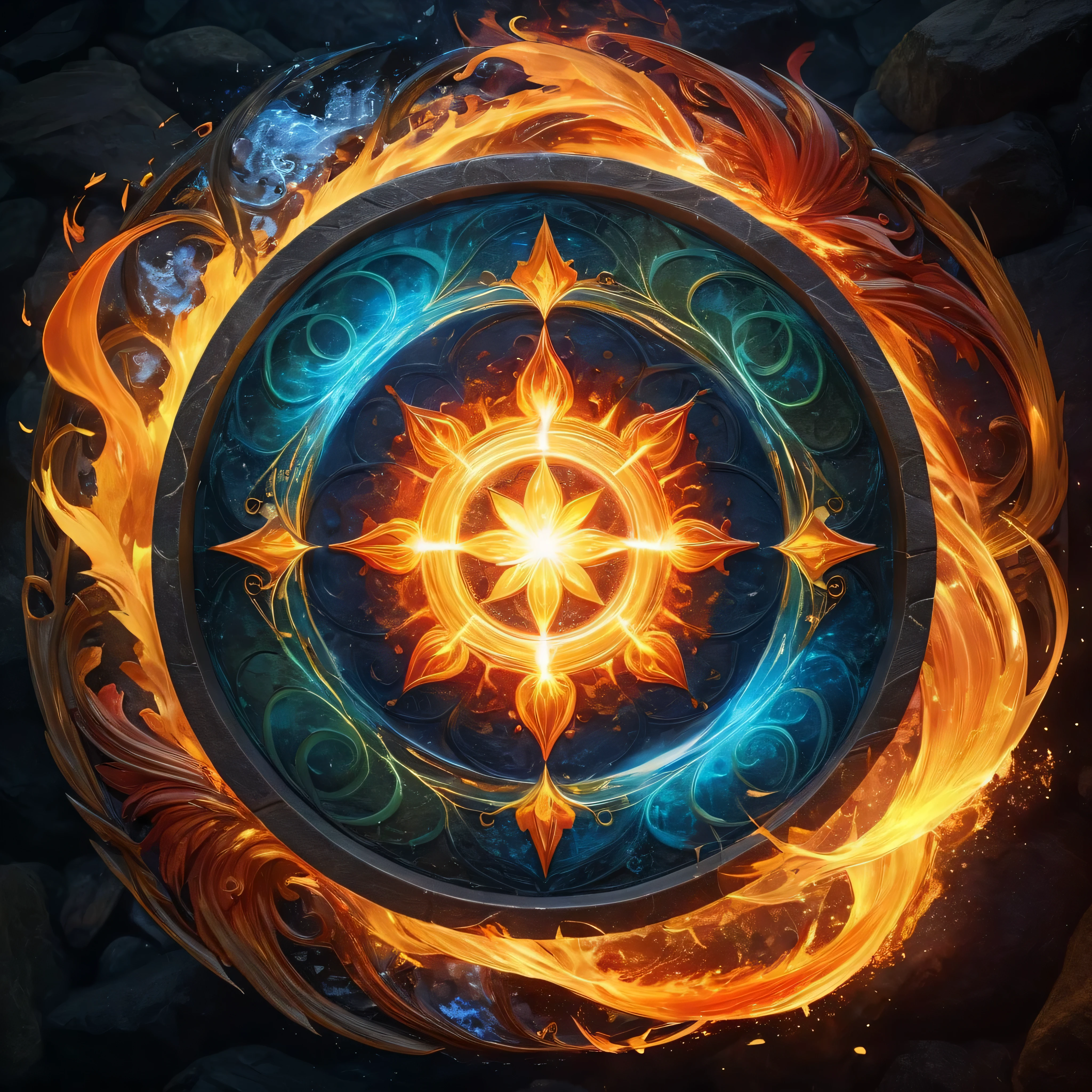 Masterpiece in maximum 16K resolution, superb quality, a magic circle intertwined with four powerful elemental powers, fiery flames, flowing water, earthy stones, and swirling winds, intricate details and harmonious interaction between the elements within the circle, vibrant colors, dynamic textures, captivating lighting effects, simple gothic background. | ((More_Detail))