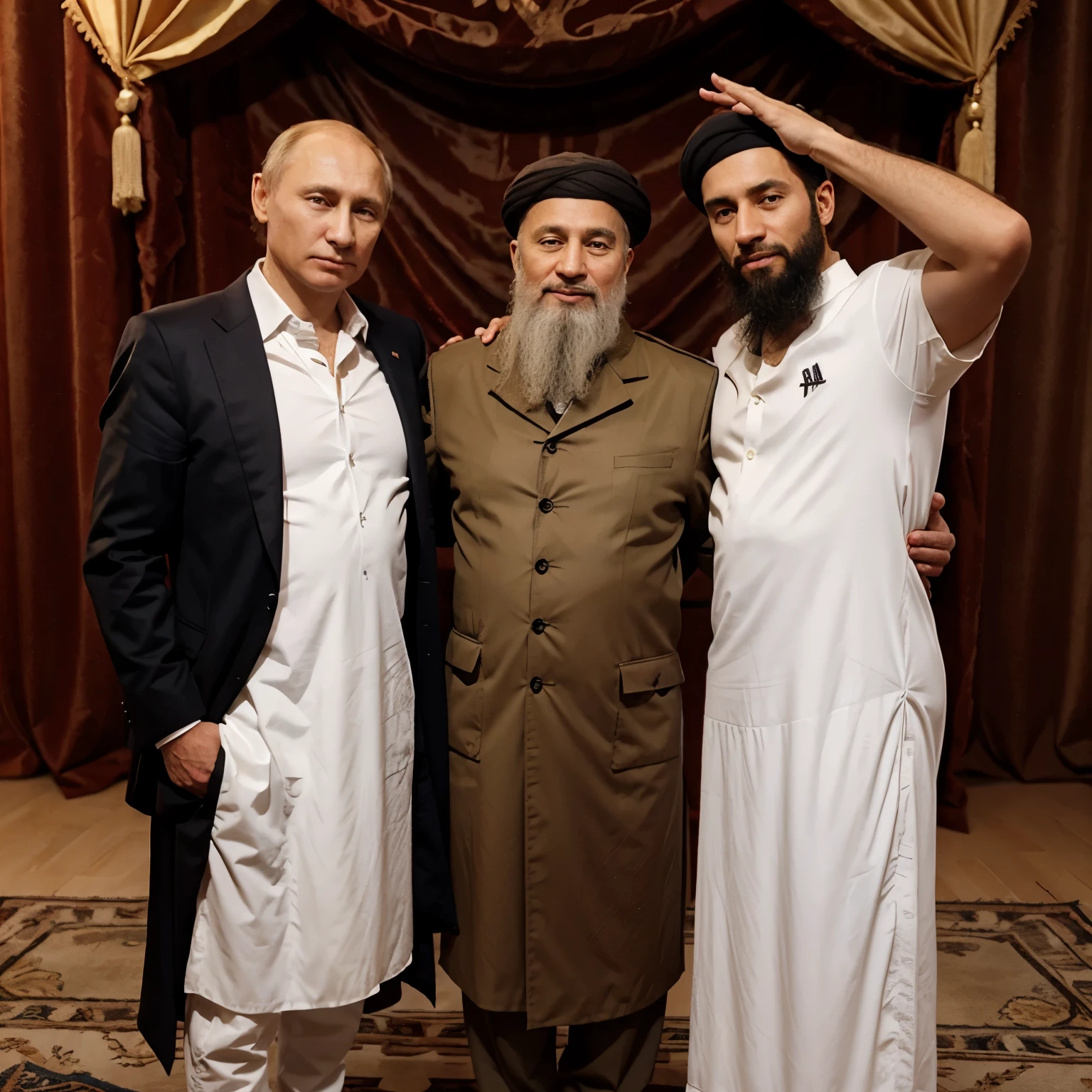 Vladimir Putin and Biden and a mullah and  behind a curtain with the mullah standing in the middle and begging
