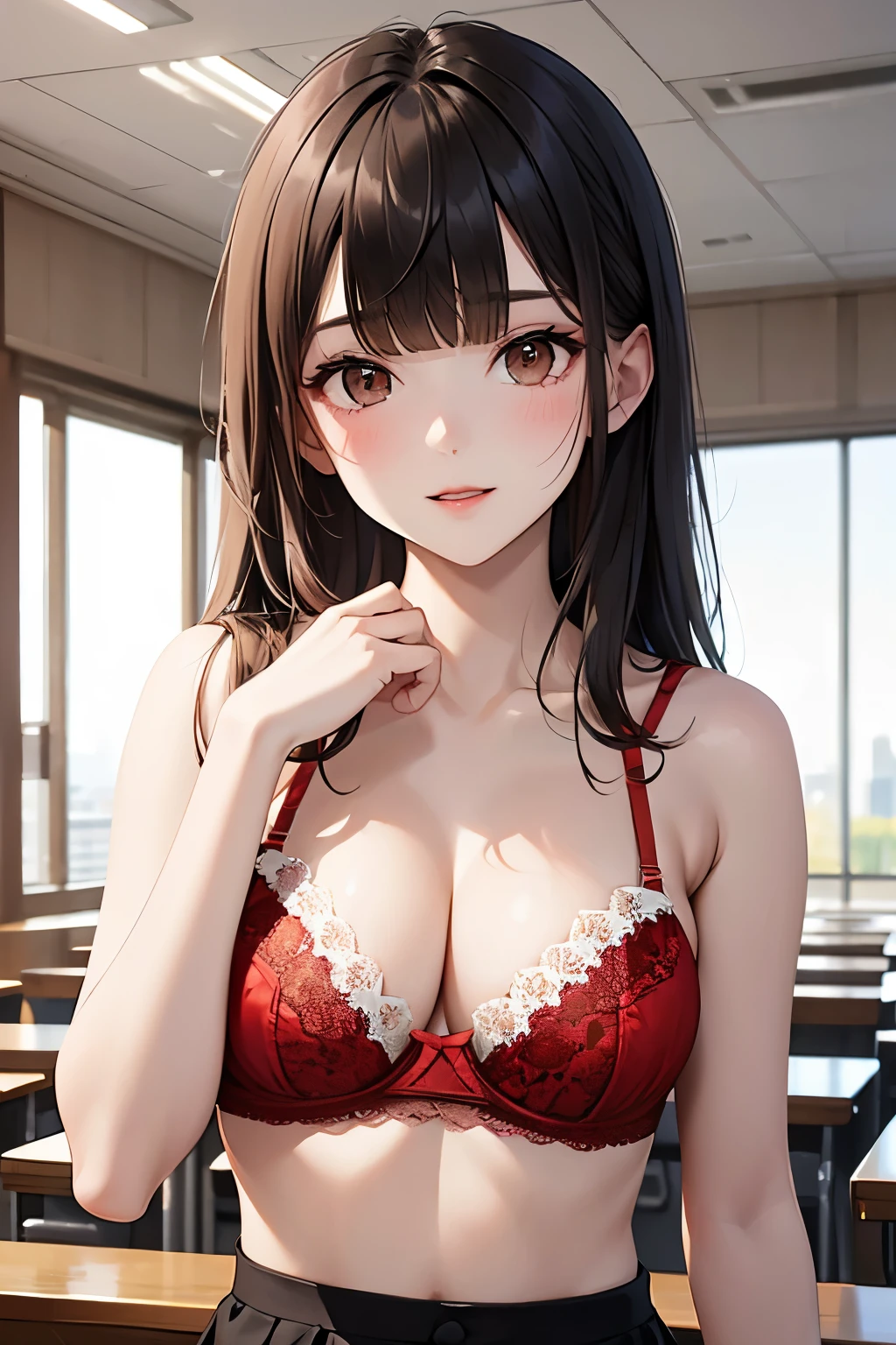 best quality, highres,Slender、brown eyes、tall、(bangs bangs:1.5)、long hair,straight hair、classroom、19 years old、(Light red lace bra:1.5)、black skirt、black hair 、8 life size