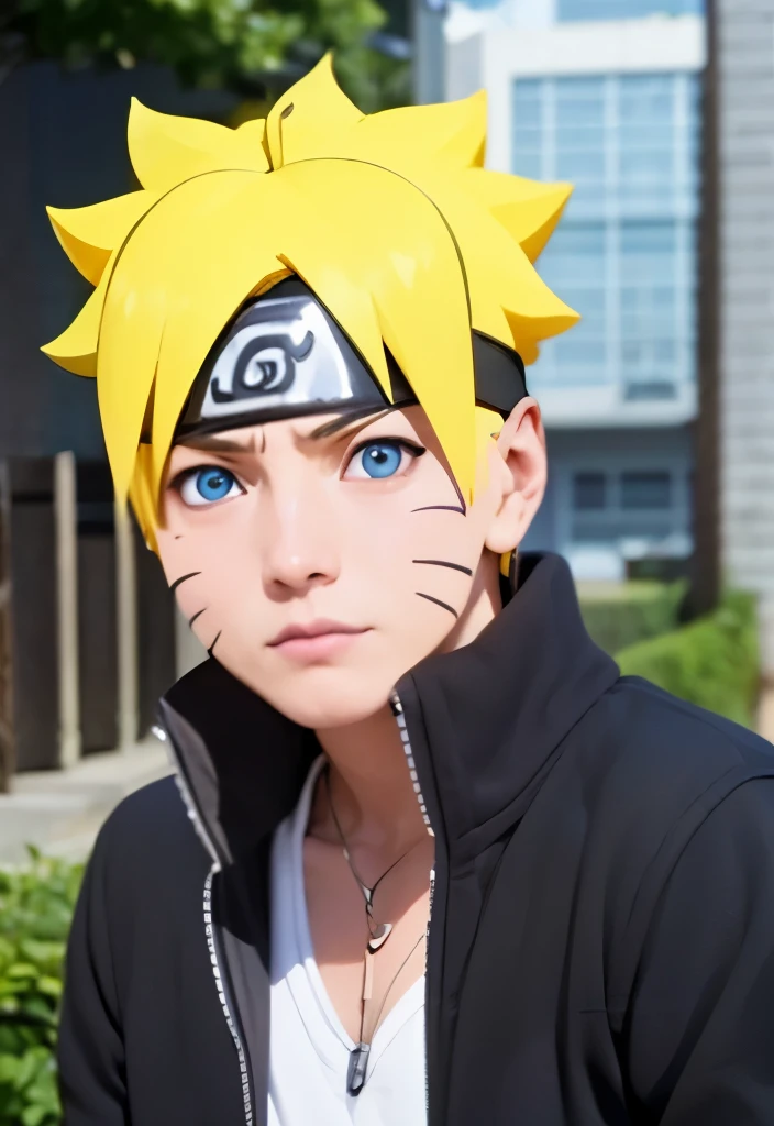 1 male, uzumaki boruto in anime boruto, short hair , yellow hair, blue eyes, good looking, forehead rest、looking at the viewer、black clothes, realistic clothes, details clothing, urban background, Super detailed, realistic