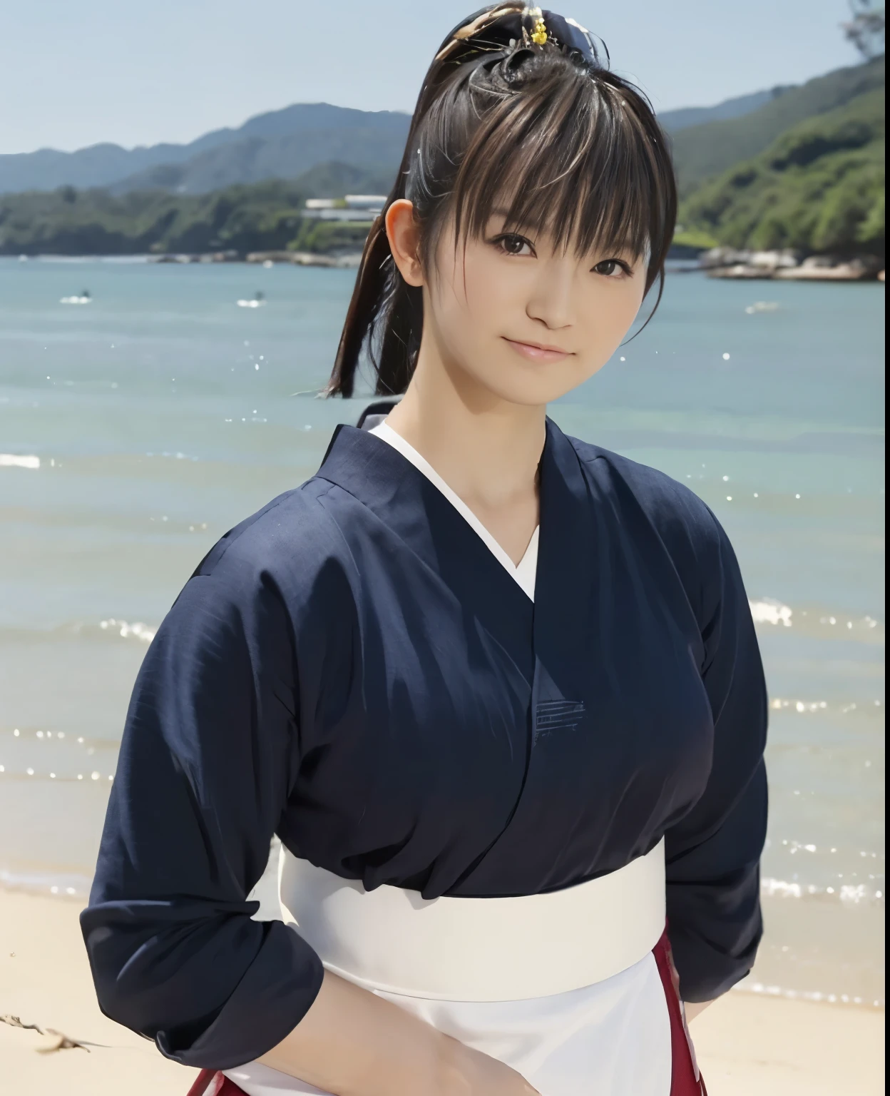 (highest quality:1.2),(perfect beautiful face:1.2),(perfect and beautiful posture:1.2),(japanese woman:1.1), ponytail hair,On the beach of a deserted island, smile, (Chunky muscular body:1.2),Ultra-high precision photos,clear eyes, (blue japanese clothes)