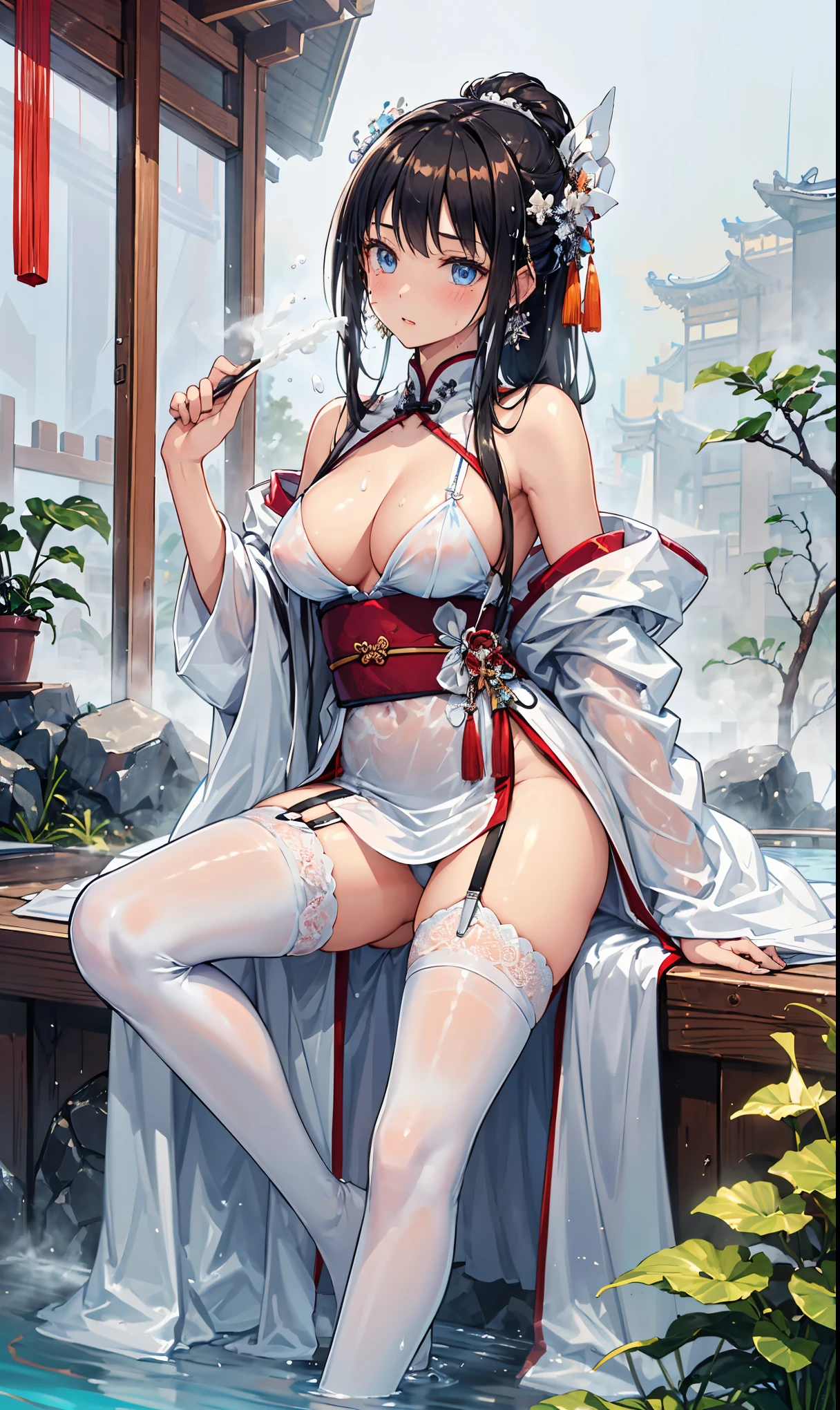 top quality,best resolution,(Soaked的白色长旗袍),super detailed, White double ponytail hair,20 years old young girl,Gorgeous的雕纹,Design intricate clothes,blue eyes,she has earrings, wealth,Gorgeous, imagine,Elegant and charming,Slightly curvy figure,((White transparent white garter stockings)),((Soaked,Adjacent to ancient Chinese hot springs,Foggy weather,Fantasy magic)),night,Glamorous pose,Repair legs