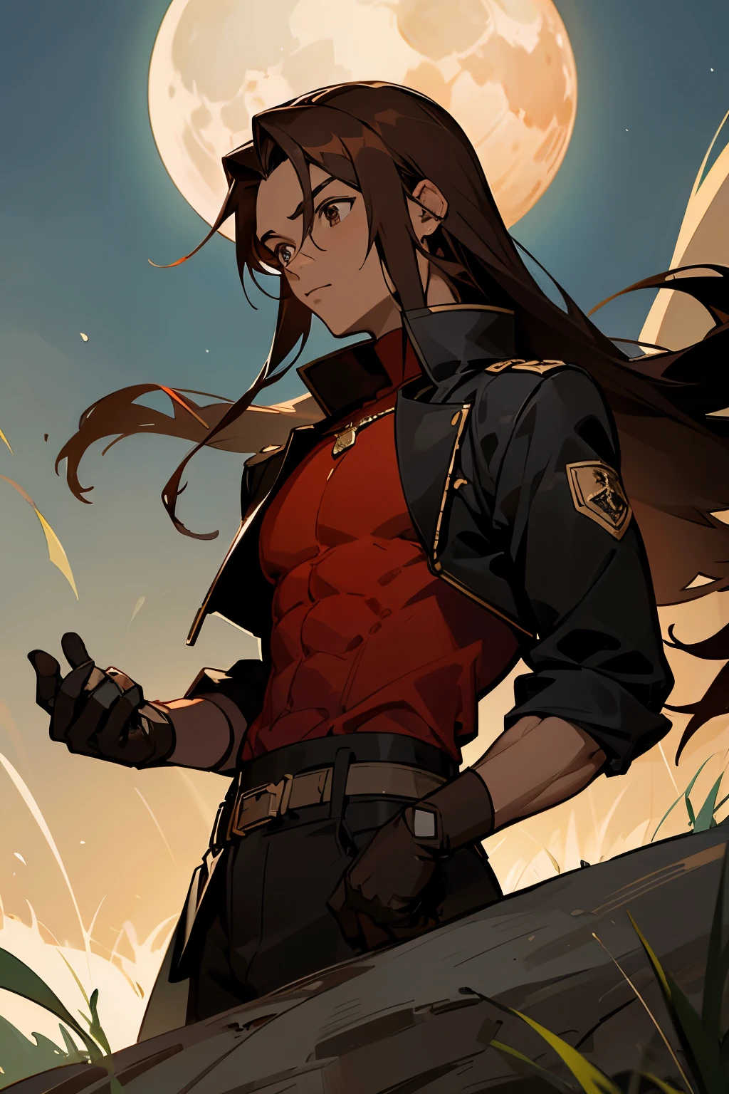 avatar, red shirt, black jacket, young male, hazel eyes, moon, brown hair, rock terrain, grass background, gloves, brown skin, long hair, muscular