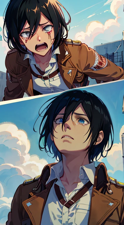 mikasa crying and looking at the sky while erin is dead,attack on titan,high quality,charp focus