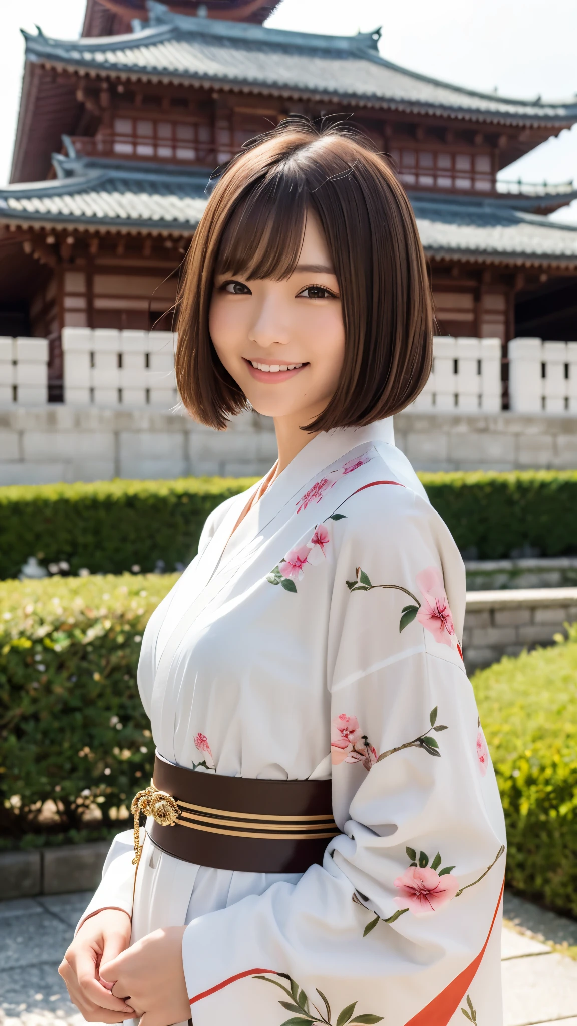 Korean girl with good style and beautiful Japanese clothes、white and beautiful skin、short height、brown hair、bob cut hair、reddish brown eyes、slanted eyes、thin eyebrows、thick lips、smile、flashy Japanese clothes、kimono model、Edo castle background、