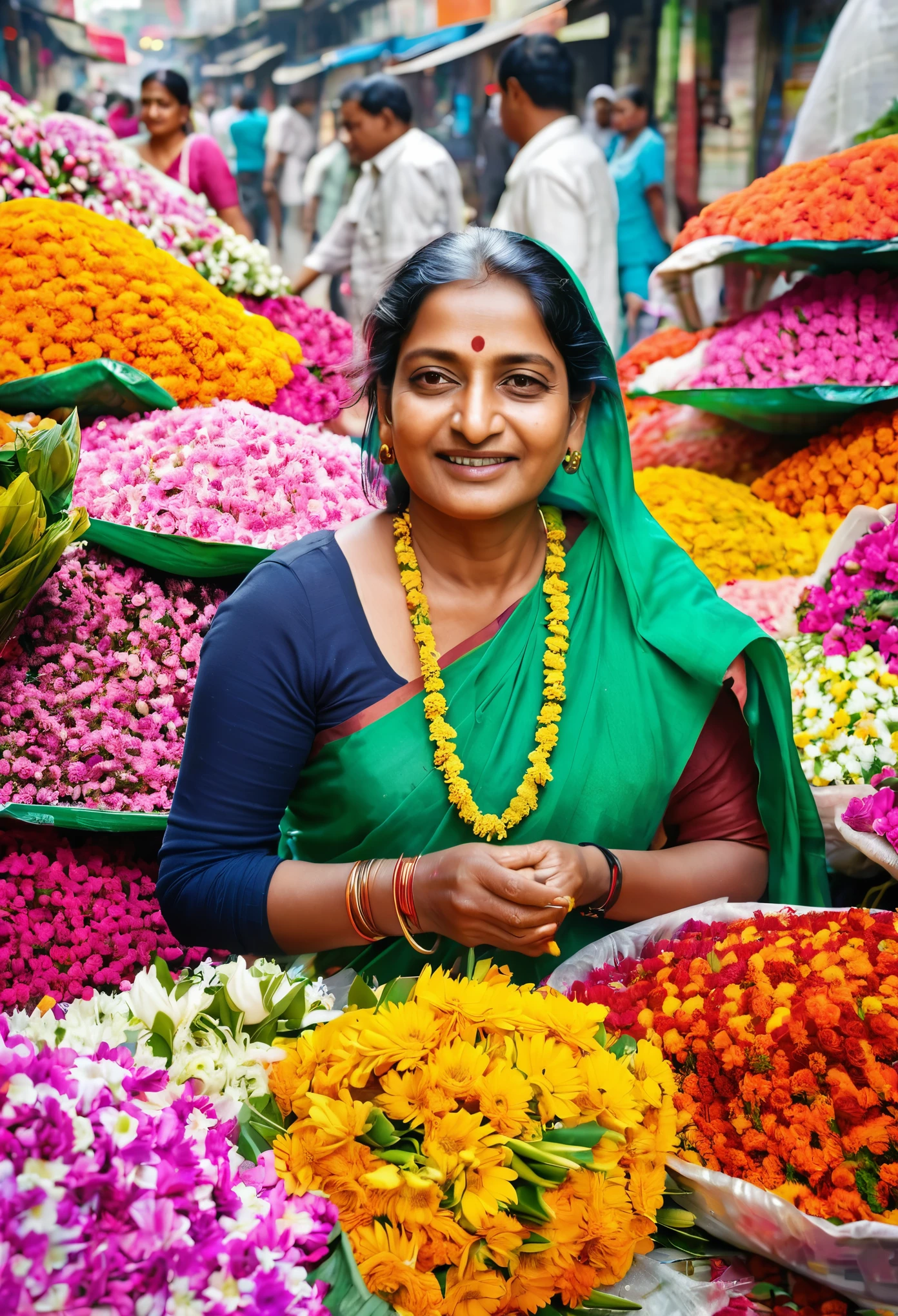 Capture a bustling street market where bengali a bengali Middle aged women in saree is selling flowers, flower garlands in a packed up flower market, customers are buying flowers, from her showcasing the vibrant role of women in Indian economy.
The image is shot by vivo Phone 50 MP camera and focal length is 26m. Set the other parameters as required so that the image looks too much natural