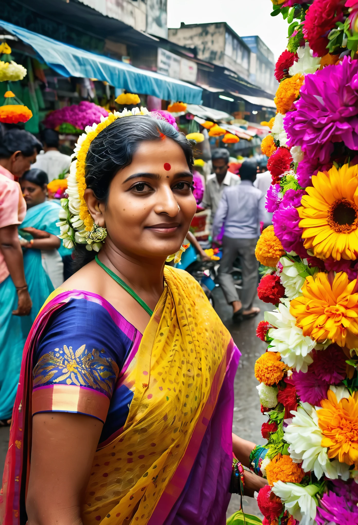 Capture a bustling street market where bengali a bengali Middle aged women in saree is selling flowers, flower garlands in a packed up flower market, customers are buying flowers, from her showcasing the vibrant role of women in Indian economy.
The image is shot by vivo Phone 50 MP camera and focal length is 26m. Set the other parameters as required so that the image looks too much natural