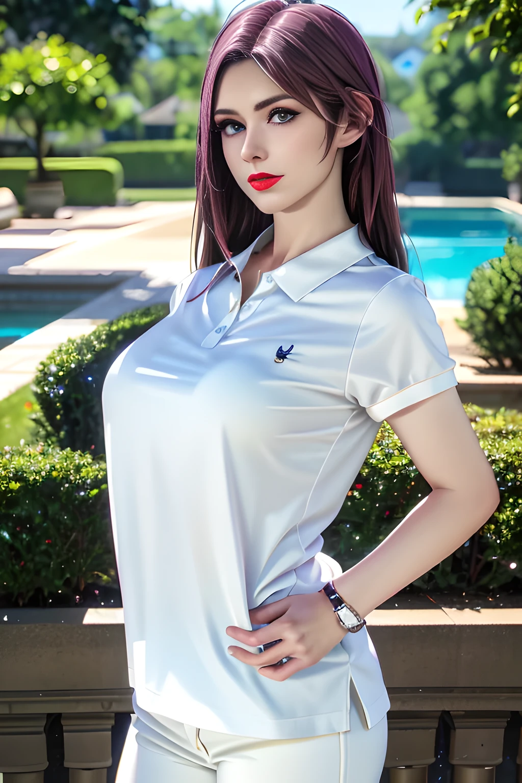 night,moonlight,1 girl,(White polo shirt:1.4),(casual pants),Outdoor activities,  (standing posture),grace,(((red lips))), Lips slightly open,  clavicle,(huge breasts:1.3),skin shiny,((8k, original photo, top quality, masterpiece)), HD RAW color photos professional close-up photos, (actual, photorealism: 1.37), (best quality),8k,Define detailed faces, tiny details,alone,Alice,
