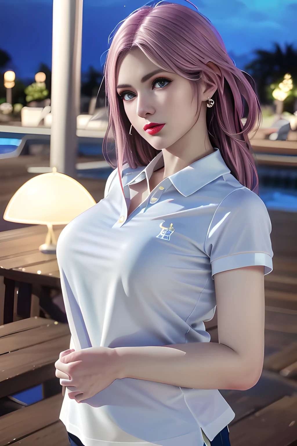 night,moonlight,1 girl,(White polo shirt:1.4),(casual pants),Outdoor activities,  (standing posture),grace,(((red lips))), Lips slightly open,  clavicle,(huge breasts:1.3),skin shiny,((8k, original photo, top quality, masterpiece)), HD RAW color photos professional close-up photos, (actual, photorealism: 1.37), (best quality),8k,Define detailed faces, tiny details,alone,Alice,