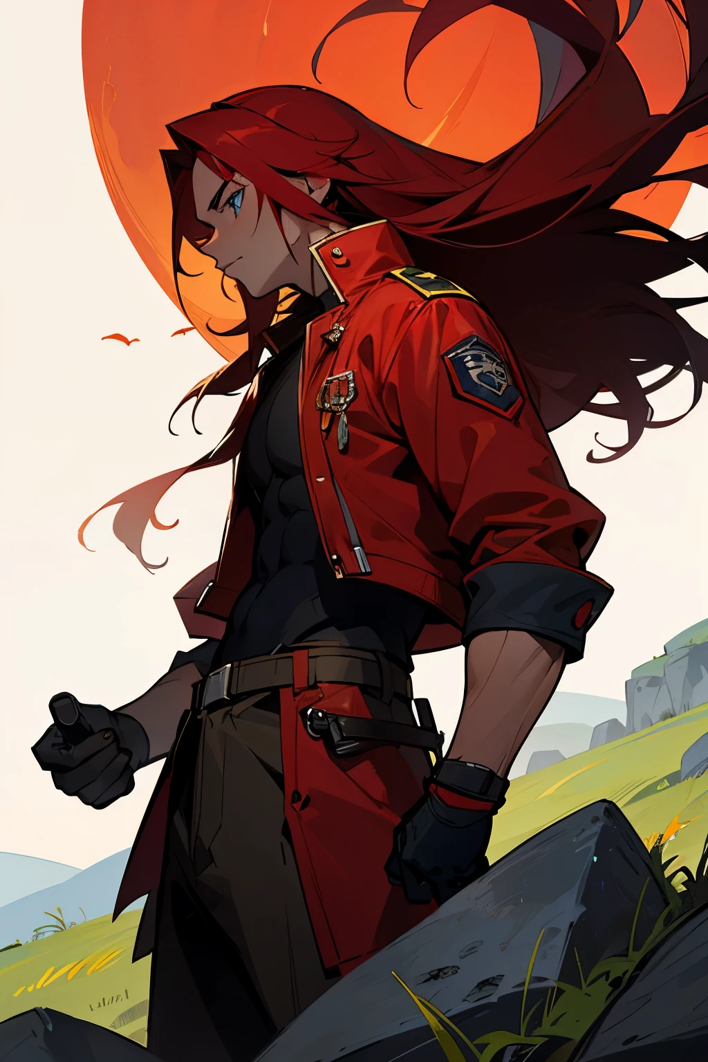 avatar, red shirt, red jacket, young male, blue eyes, moon, red hair, rock terrain, grass background, gloves, brown skin, long hair, muscular