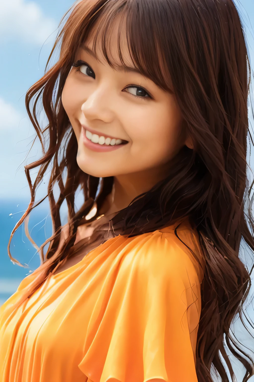 Orange silk dress, Close-up of a woman with long hair smiling at the camera, kimi takemura, aoshima Chiho, by Torii Kiyomoto, Chiho, motto hole, deayami kojima, yasumoto oka, cute smile, Chiho ashima, It rains, yukii morita