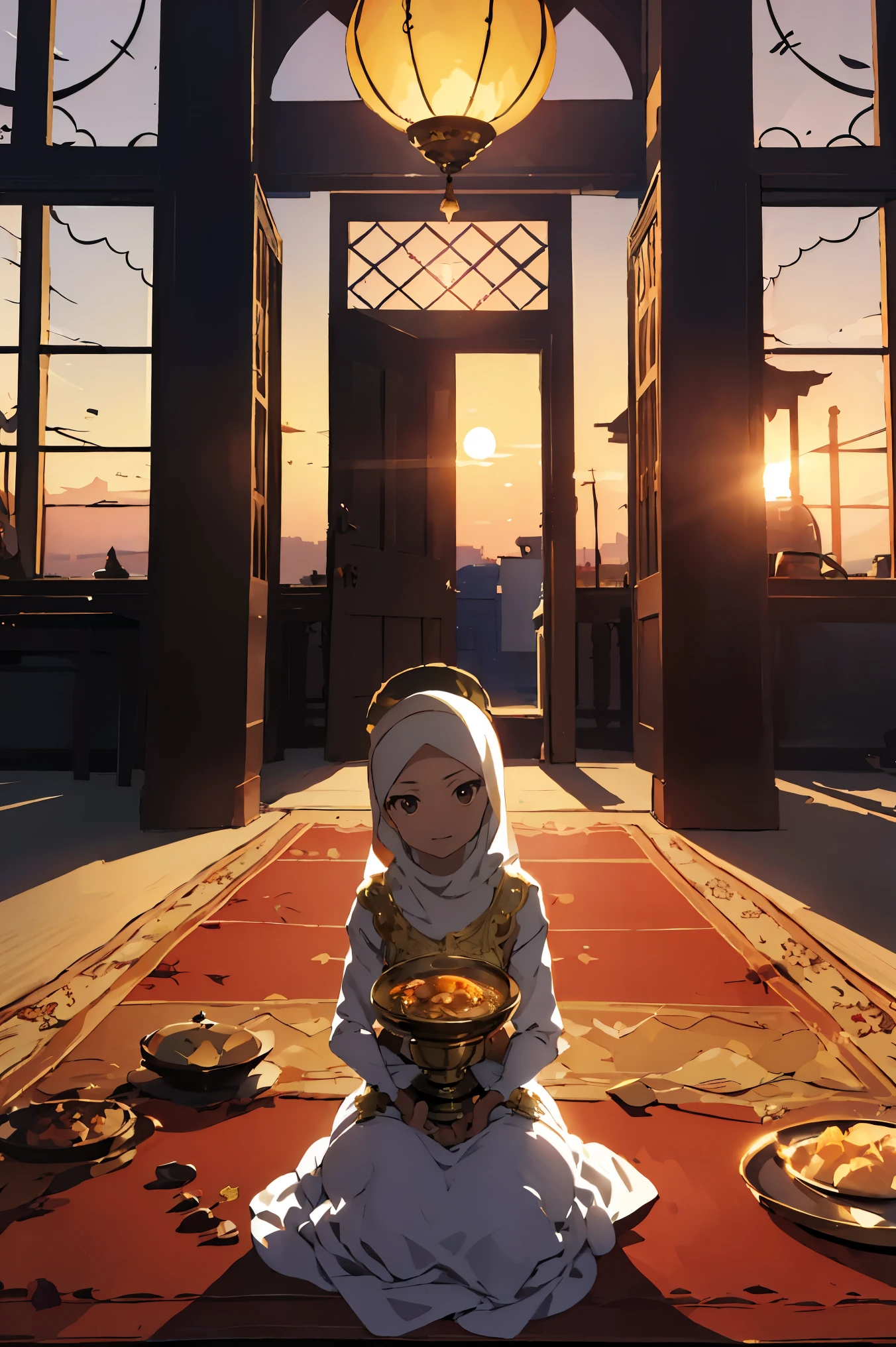 Room full of Ramadhan decoration, sunset lighting, afternoon, dramatic lighting, food on the tabble, anime style, ((Ramadhan decoration)) , a girl wear white hijab, ((modest dress)), ((long white dress)) Exquisite Middle Eastern Interior, Opulent, hand-painted tiles. Intricate arabesque patterns. Plush Persian rug. Ornate brass lanterns. Soft, ethereal music. Sumptuous fabrics. Serene oasis ambiance. ((Ramadhan vibes)), ((sunset)), ((sunset lighting))