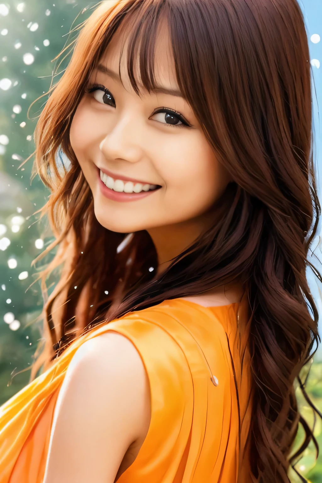Orange silk dress, Close-up of a woman with long hair smiling at the camera, kimi takemura, aoshima Chiho, by Torii Kiyomoto, Chiho, motto hole, deayami kojima, yasumoto oka, cute smile, Chiho ashima, It rains, yukii morita