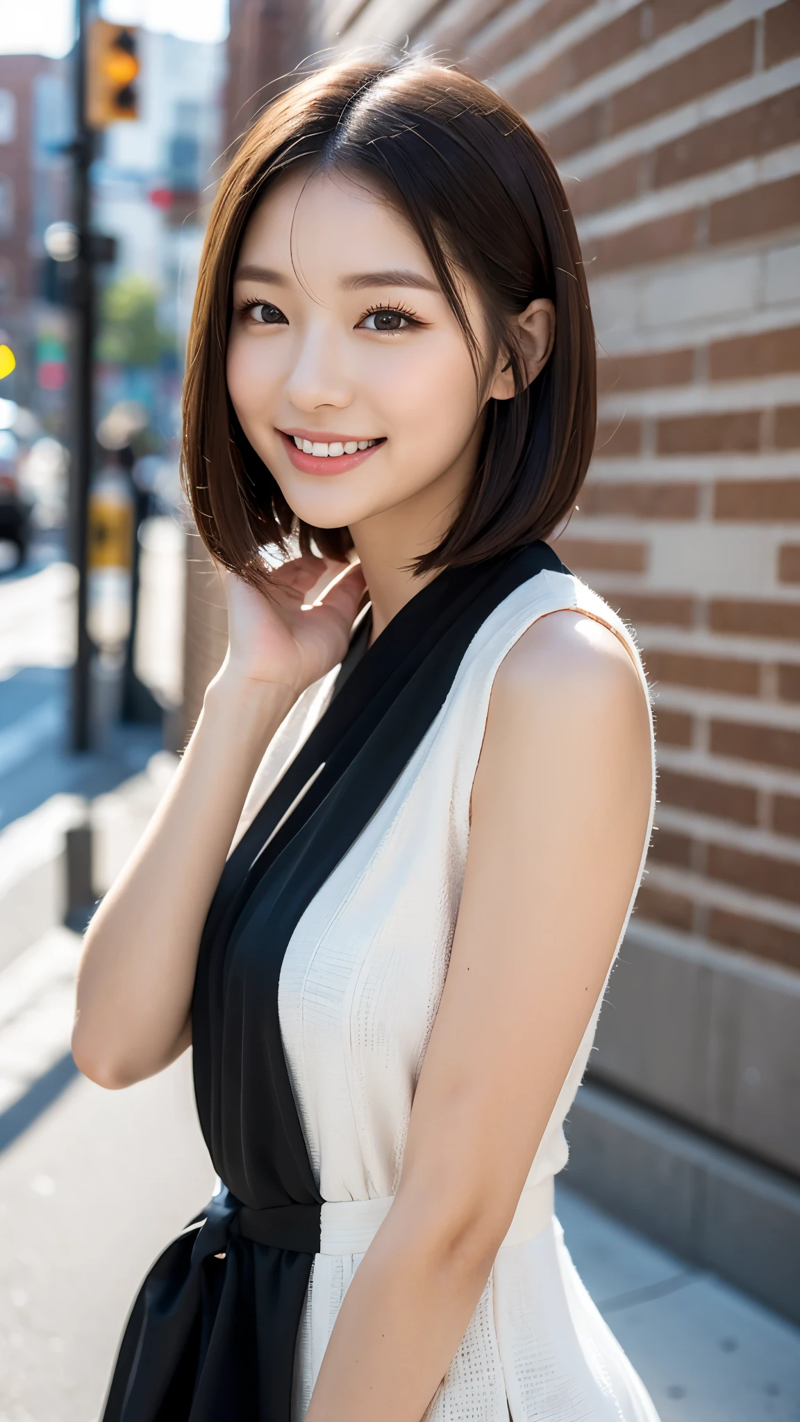 Japanese woman wearing a black sleeveless sweater、 (((masterpiece))), ((highest quality)), ((Intricate details)), (((Ultra-realistic)), irrational solution, Near and far, Very detailed, Realistic, 1 girl, ((Big Breasts)), Perfect hands, Finger details, Beautiful and detailed, short hair, Brown eyes,(Sleeveless sweater:1.2), Black knit dress, Detailed Background, choker, Perfect Eyes, Captivating eyes, Looking at the audience, From the top right、Laughter、Moles around the mouth、ponytail、