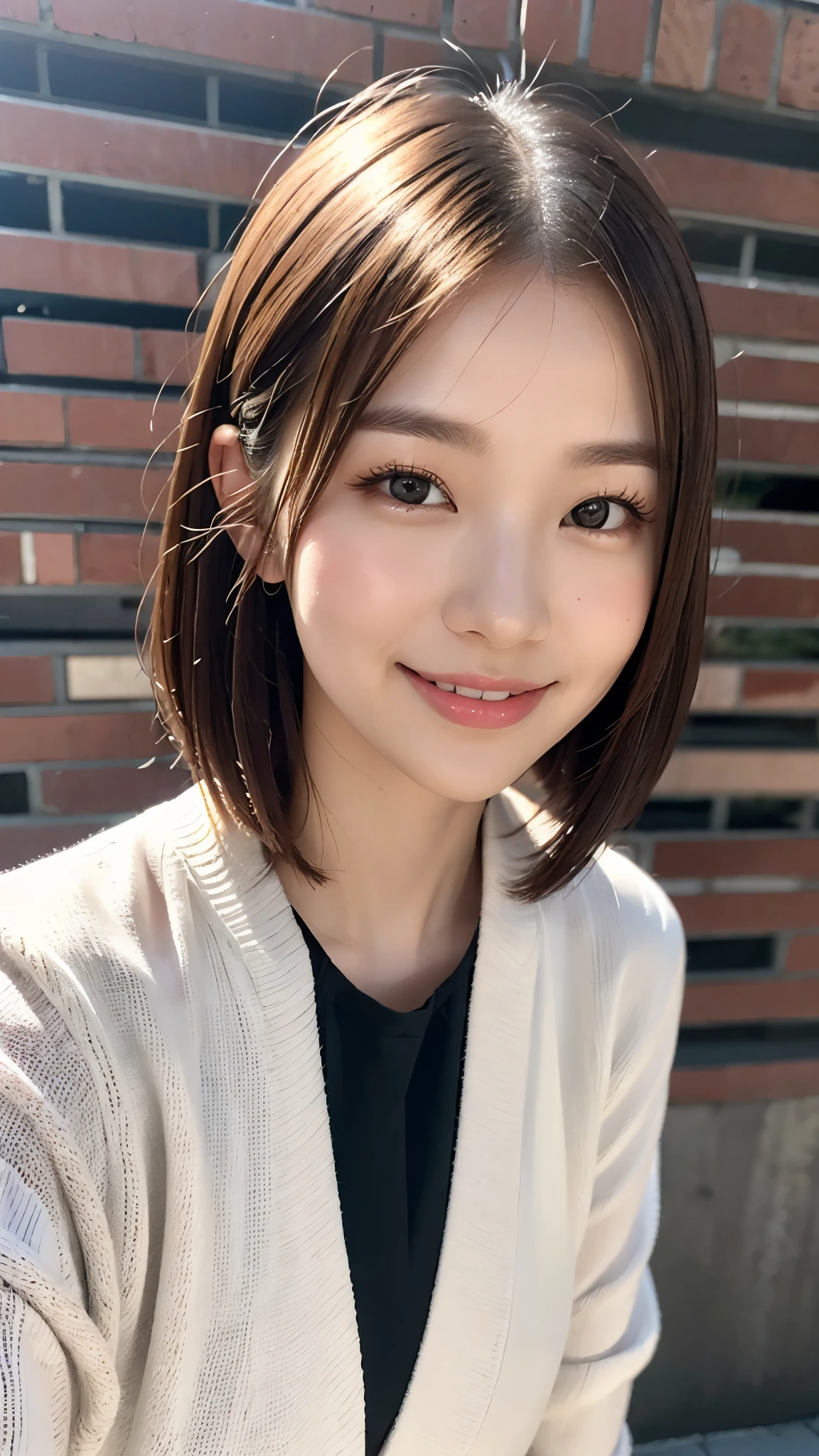 Beautiful Korean girl with good style、white and beautiful skin、short height、brown hair、bob cut hair、reddish brown eyes、slanted eyes、thin eyebrows、thick lips、smile、fancy clothes、Fashion Model、brick background、